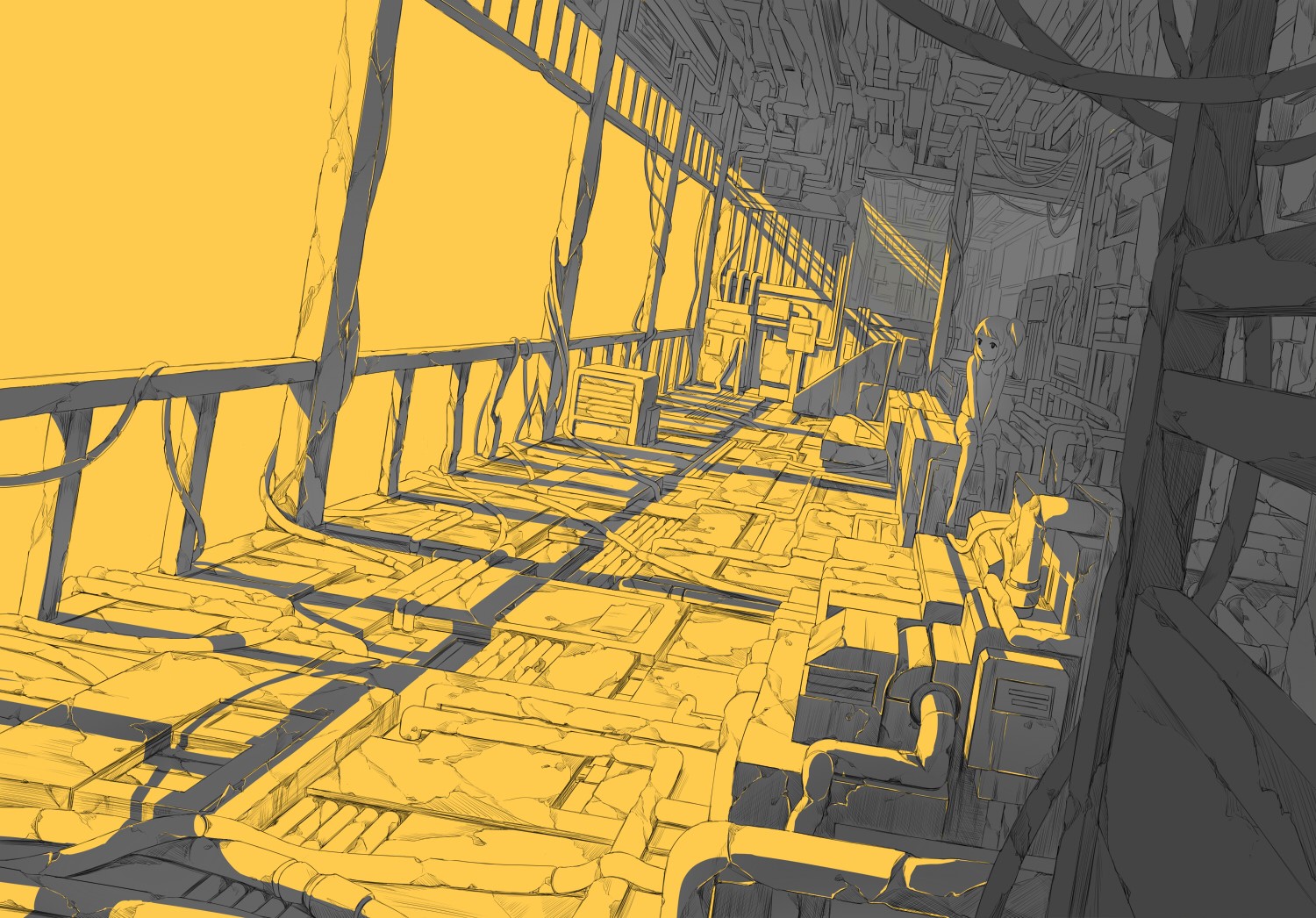 Anime girl sitting in a futuristic industrial hallway HD Wallpaper