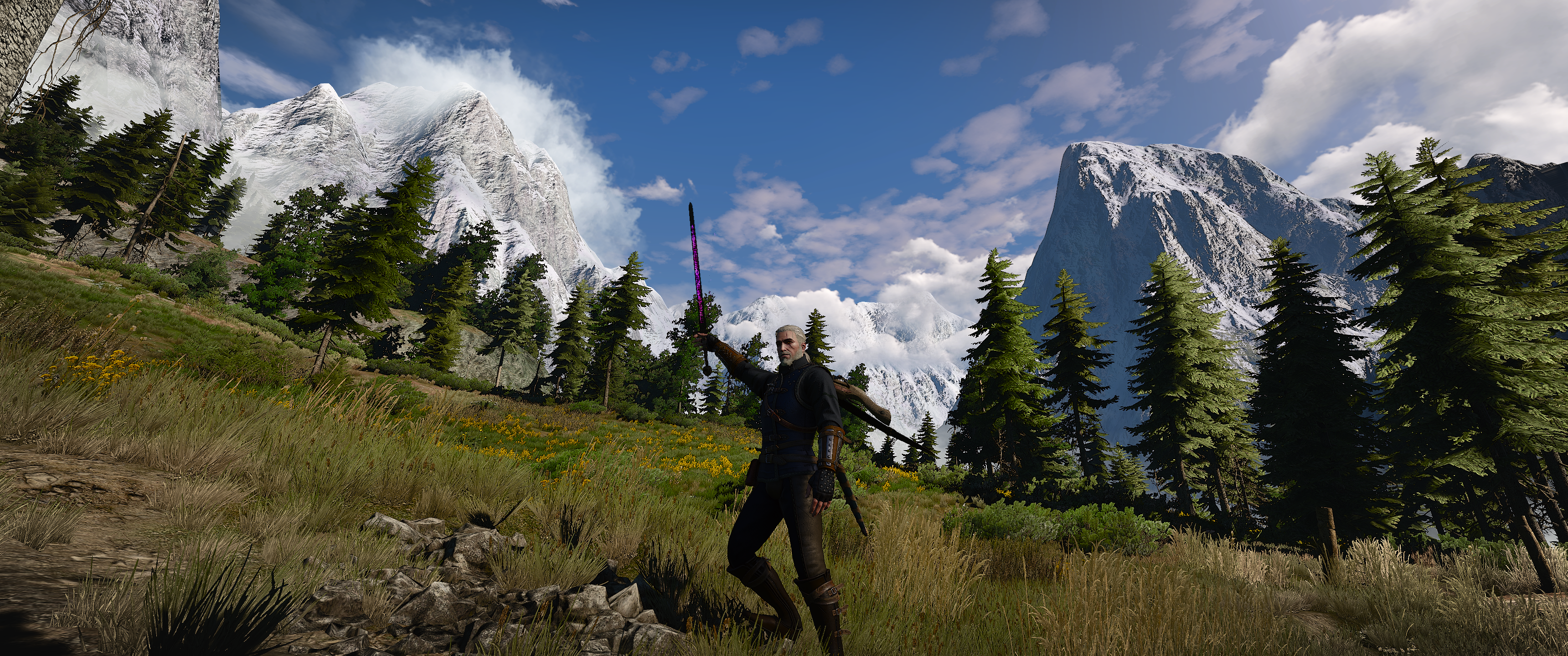 Geralt of Rivia from The Witcher 3: Wild Hunt with sword raised HD Wallpaper