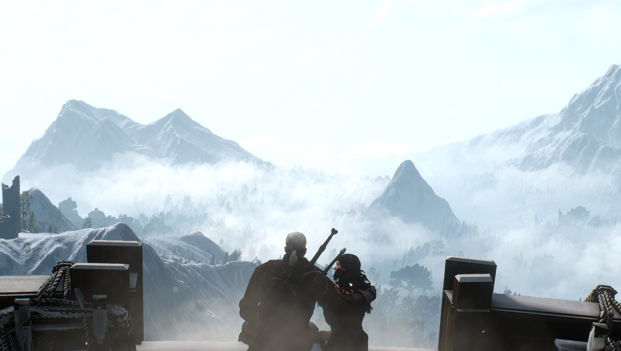 Geralt and Yennefer from The Witcher 3: Wild Hunt overlooking mountains HD Wallpaper