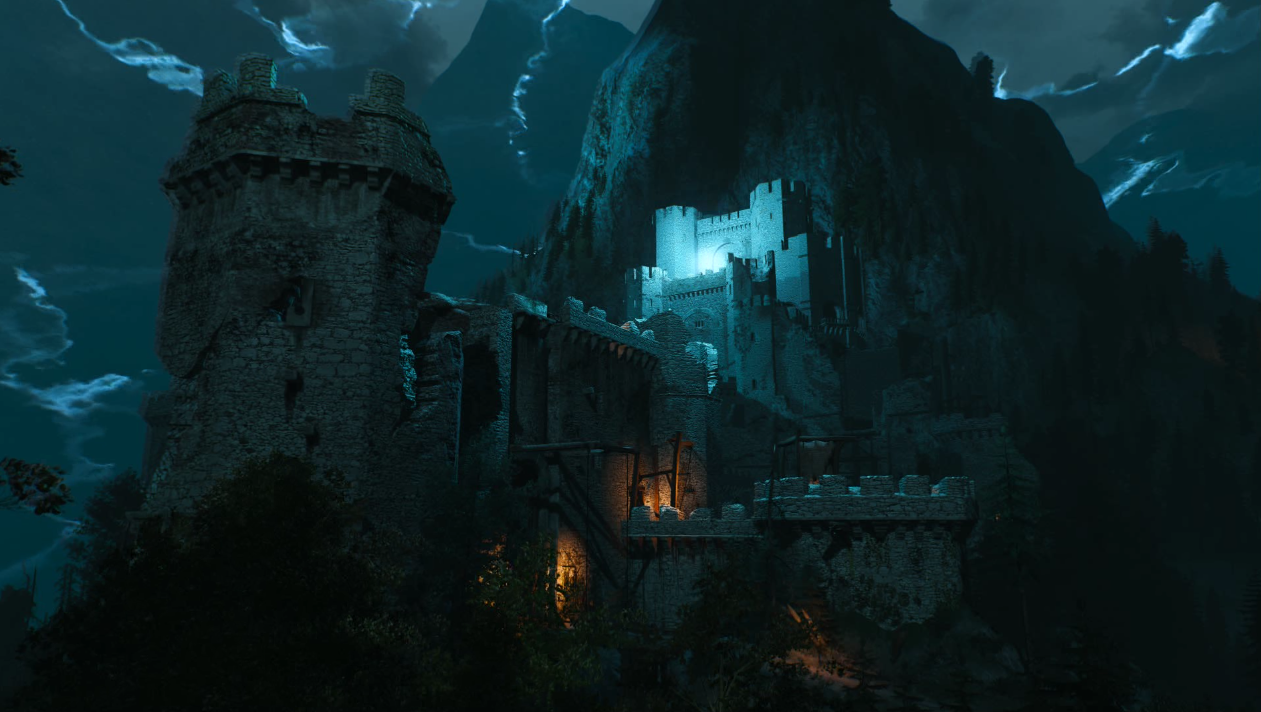 Castle ruins on a mountain at night, The Witcher 3 HD Wallpaper