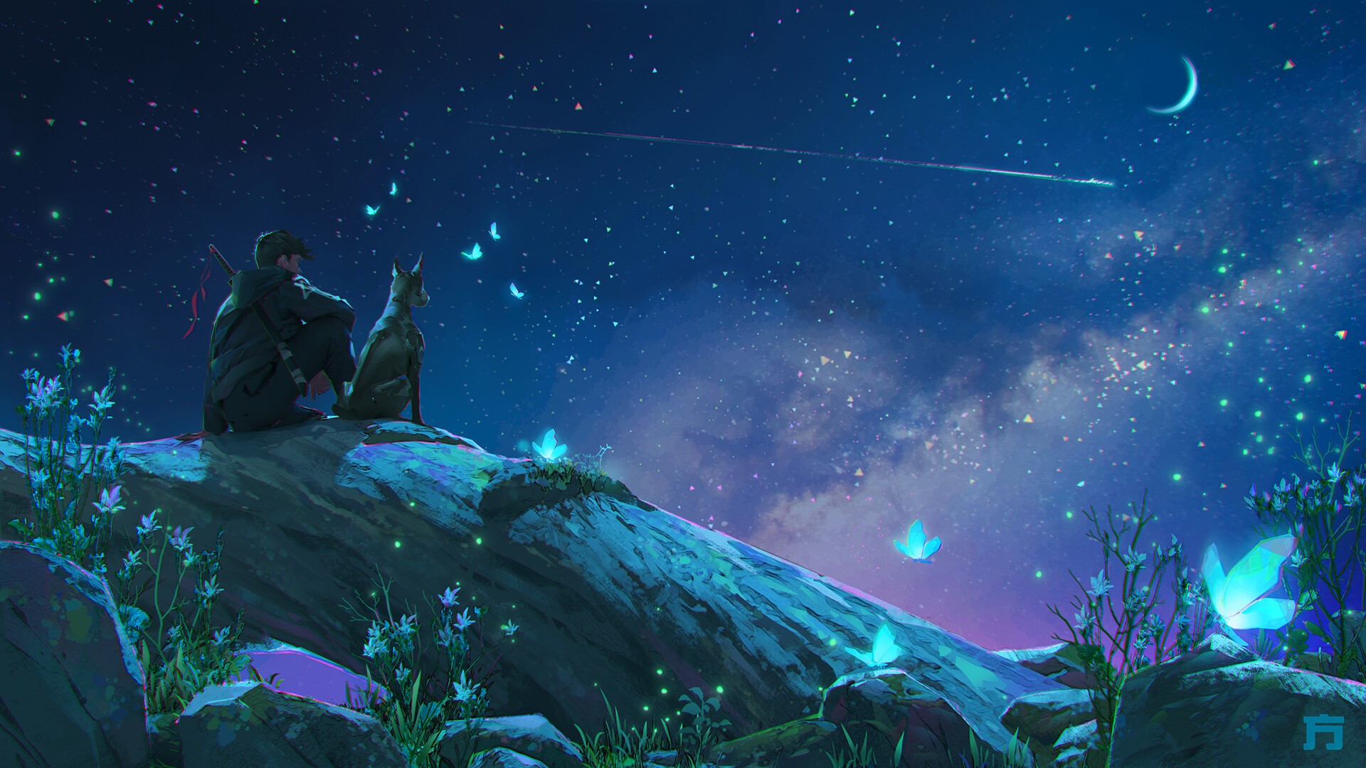 Man and dog watching starry night with butterflies HD Wallpaper