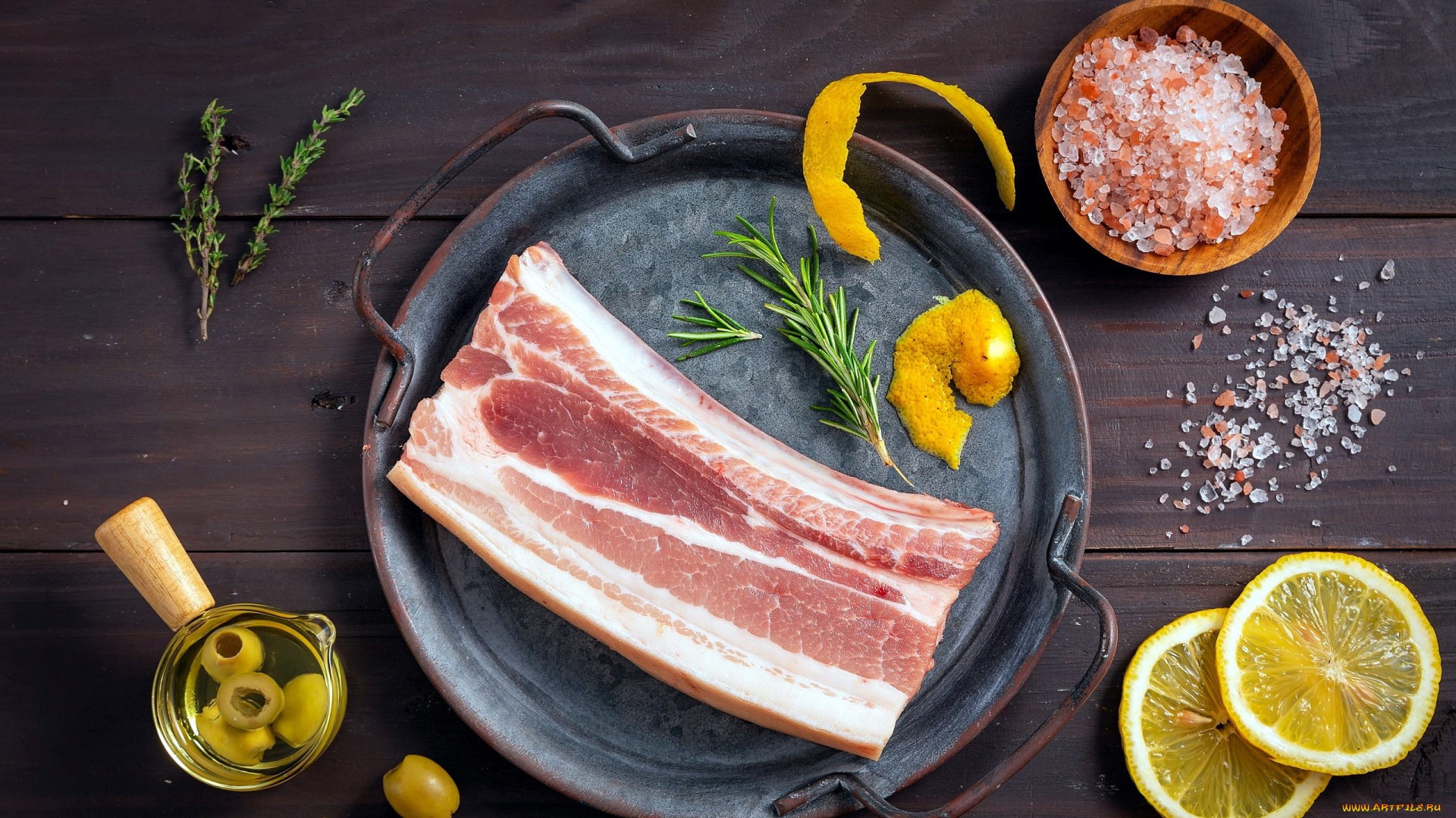 Raw pork belly with herbs, lemon, olives, and salt HD Wallpaper