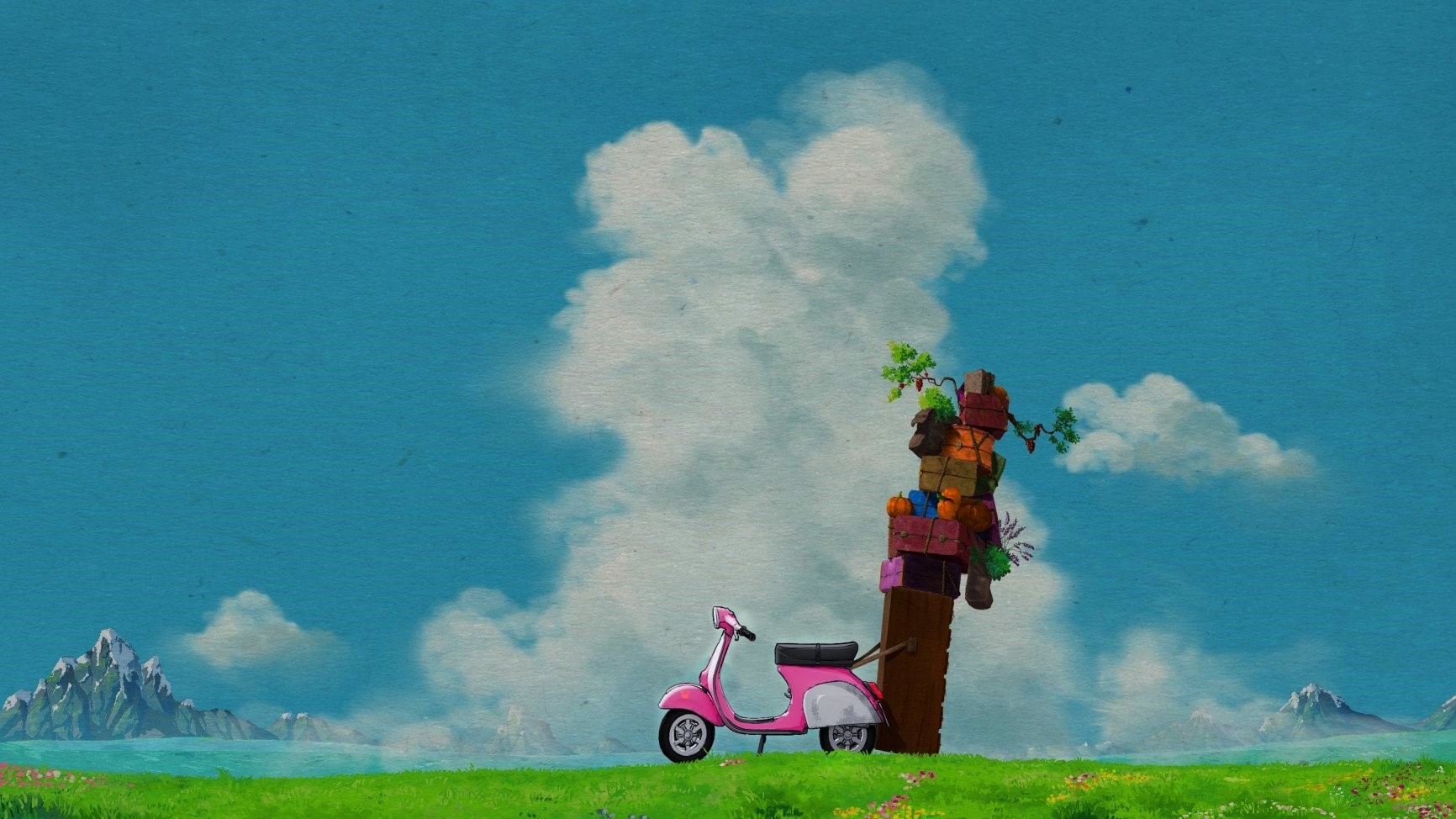 Pink scooter parked near a wooden post with stacked luggage HD Wallpaper