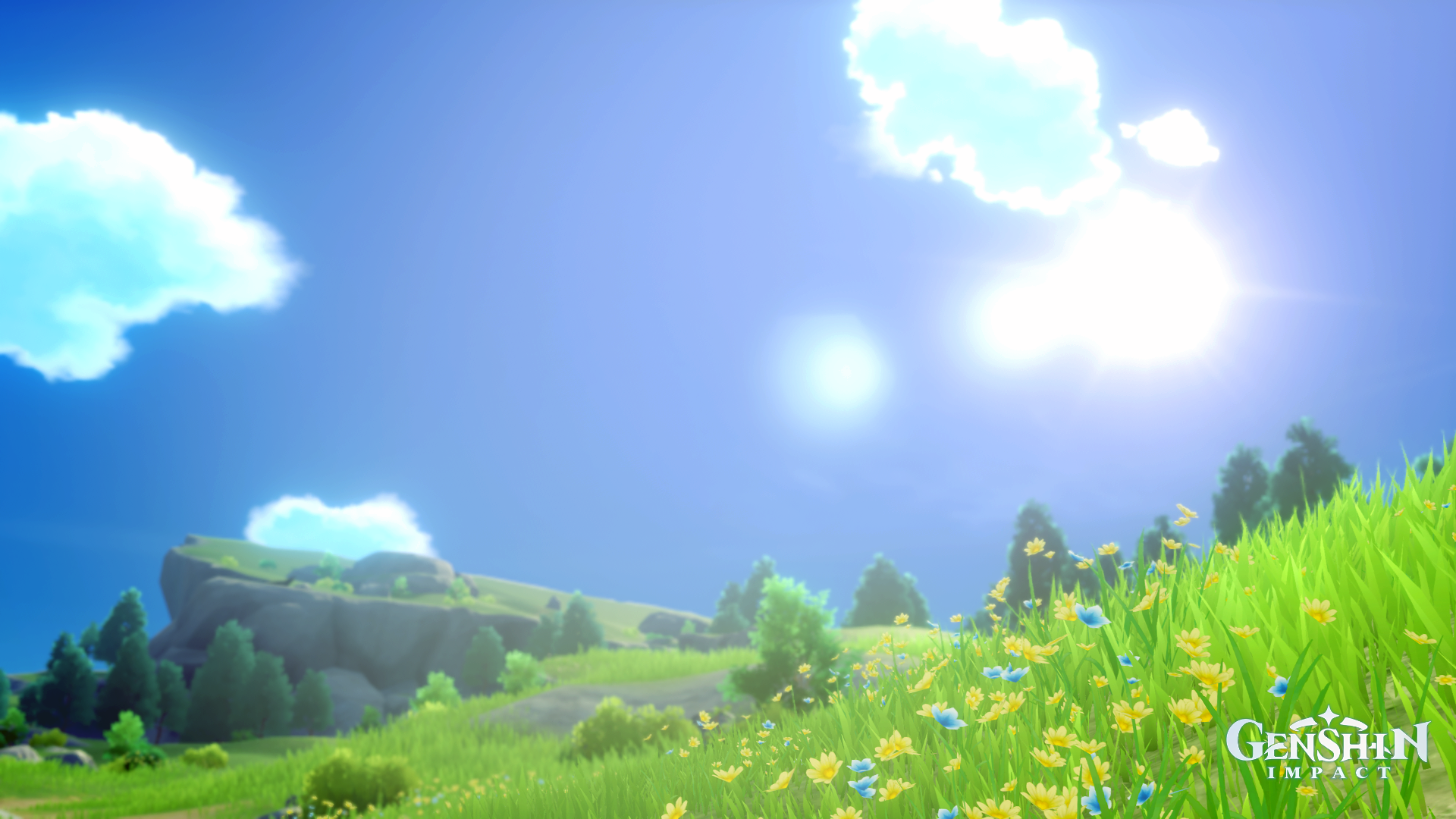 Genshin Impact landscape with flowers and sun HD Wallpaper