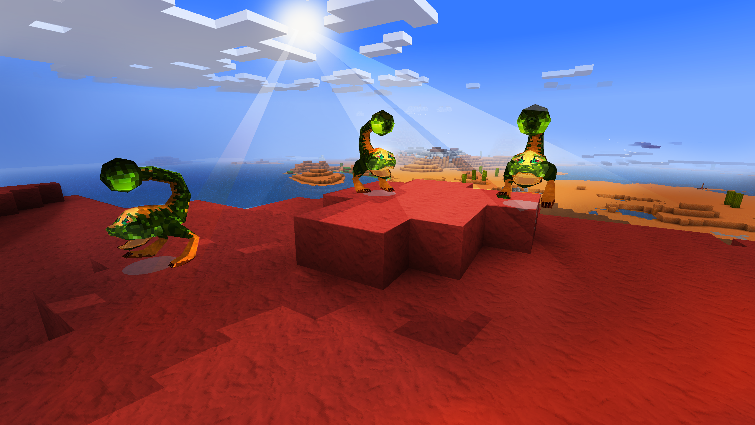Pixelated creatures in a video game landscape HD Wallpaper