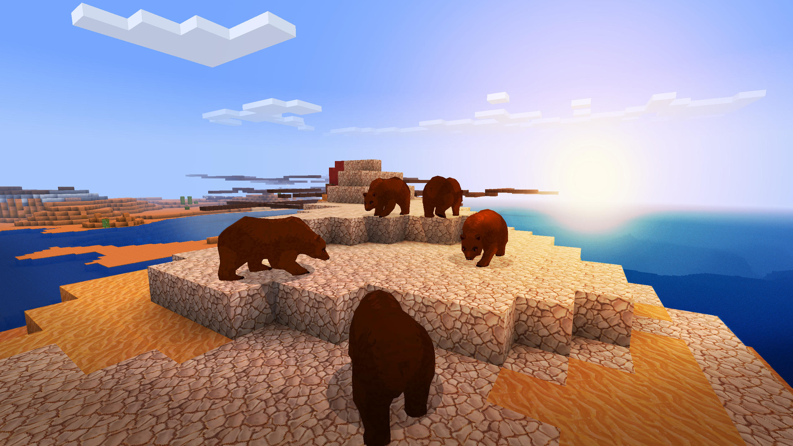 Pixelated bears in a video game landscape HD Wallpaper