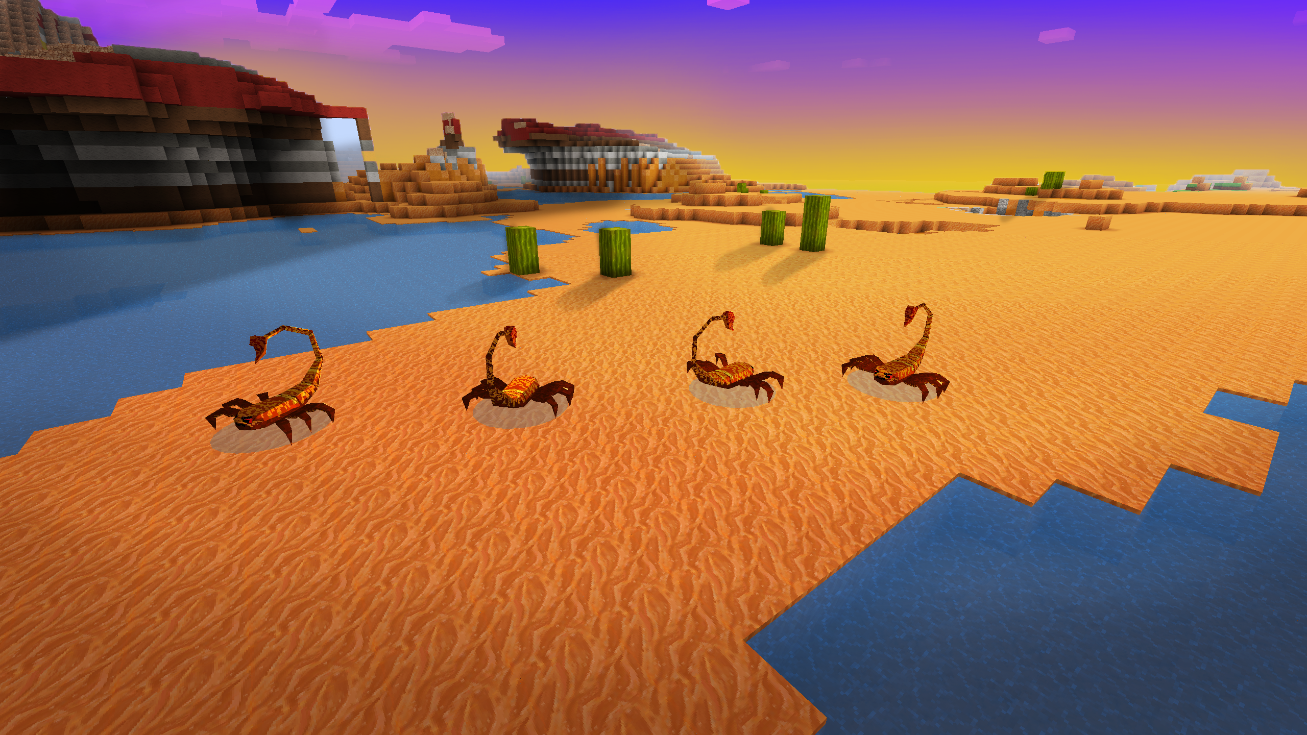 Scorpions in a pixelated desert landscape HD Wallpaper