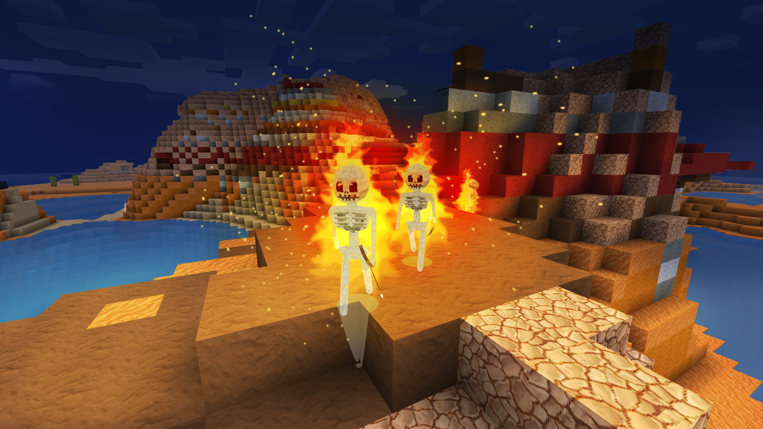 Two burning skeletons in a pixelated desert landscape HD Wallpaper