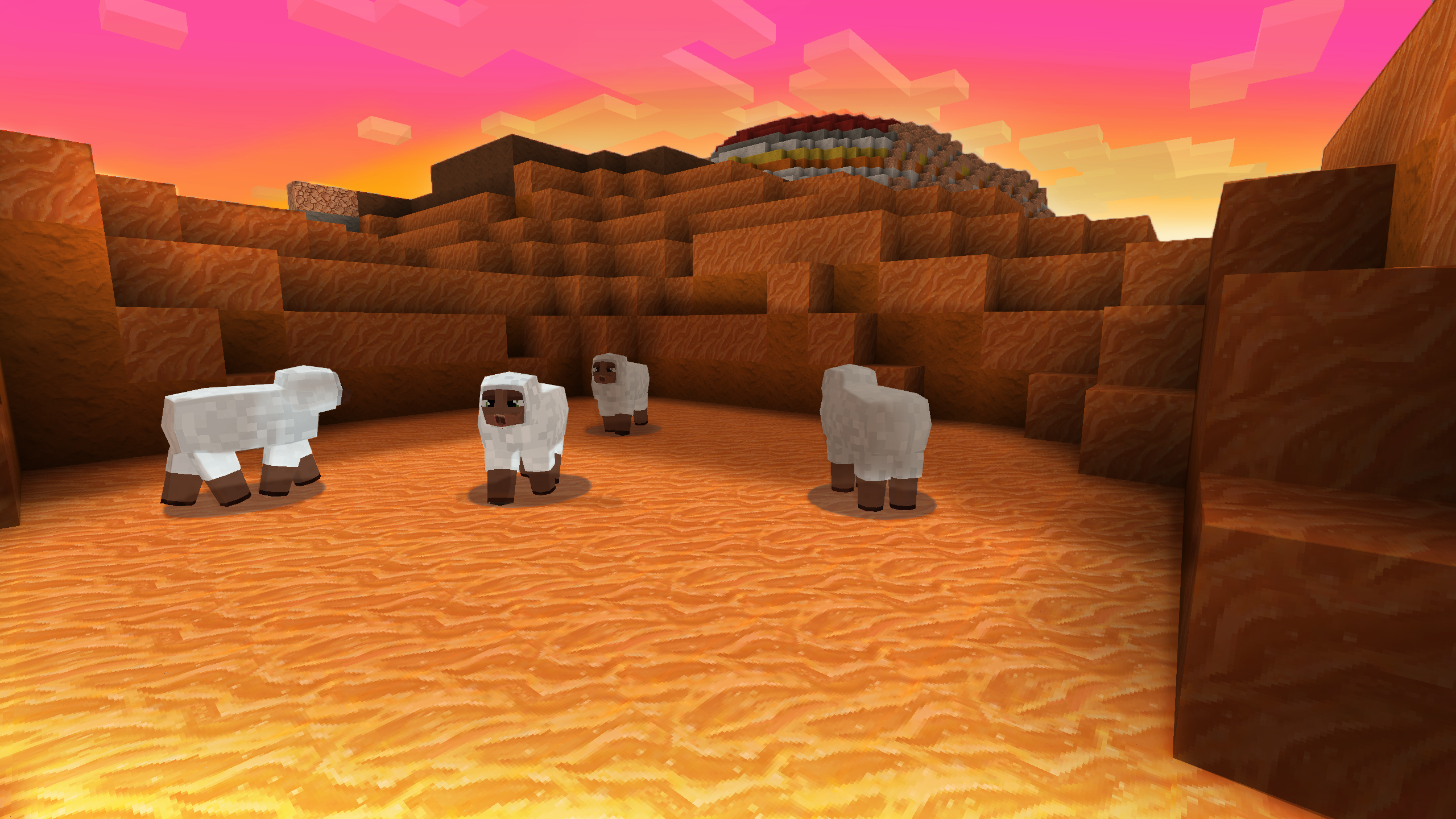 Pixelated sheep in a desert landscape at sunset HD Wallpaper
