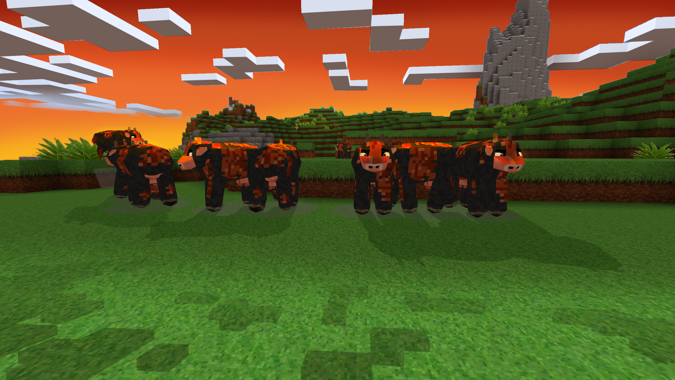 Pixelated cows in a video game landscape HD Wallpaper