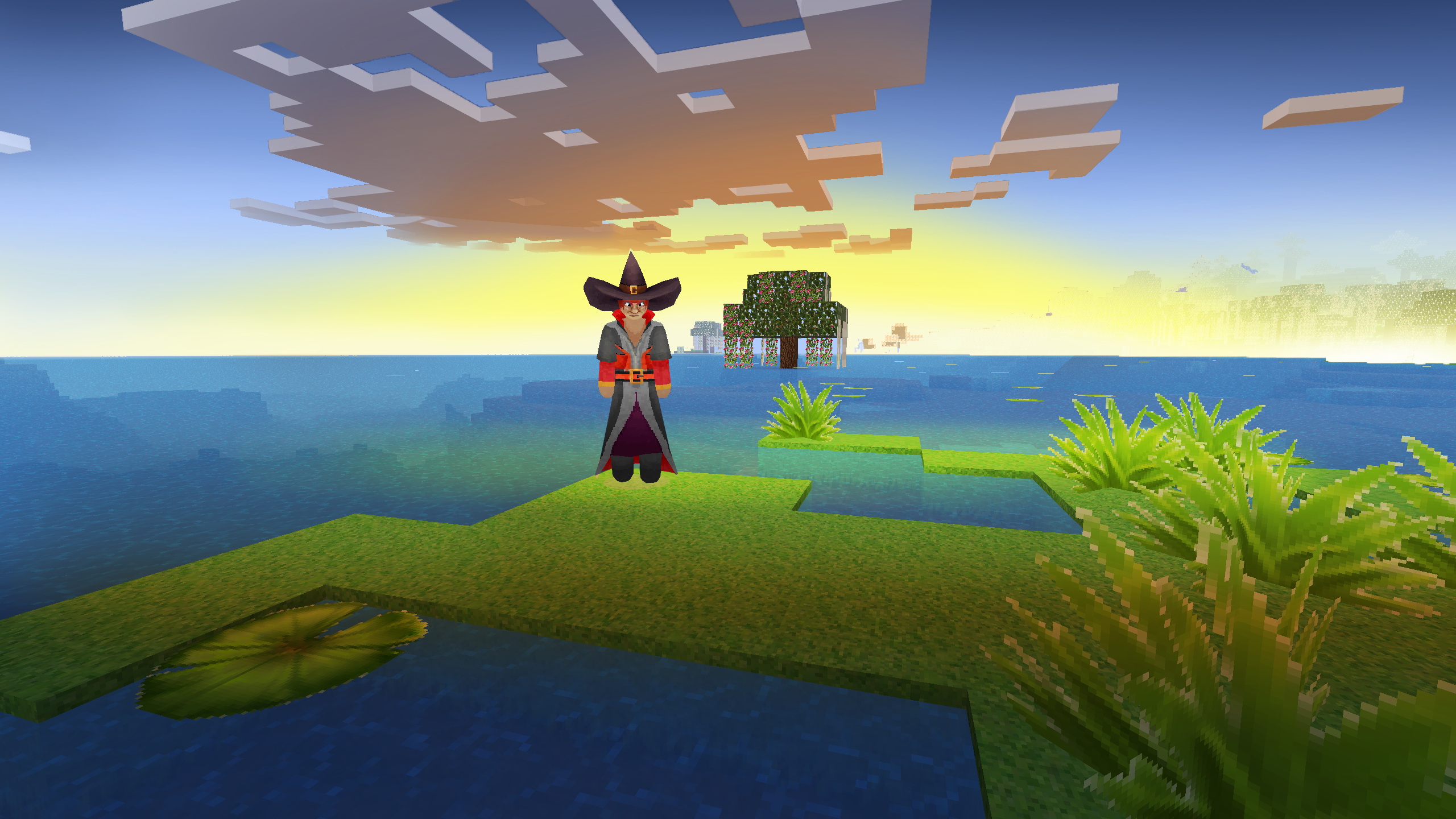 Minecraft character in a witch costume in a swamp HD Wallpaper