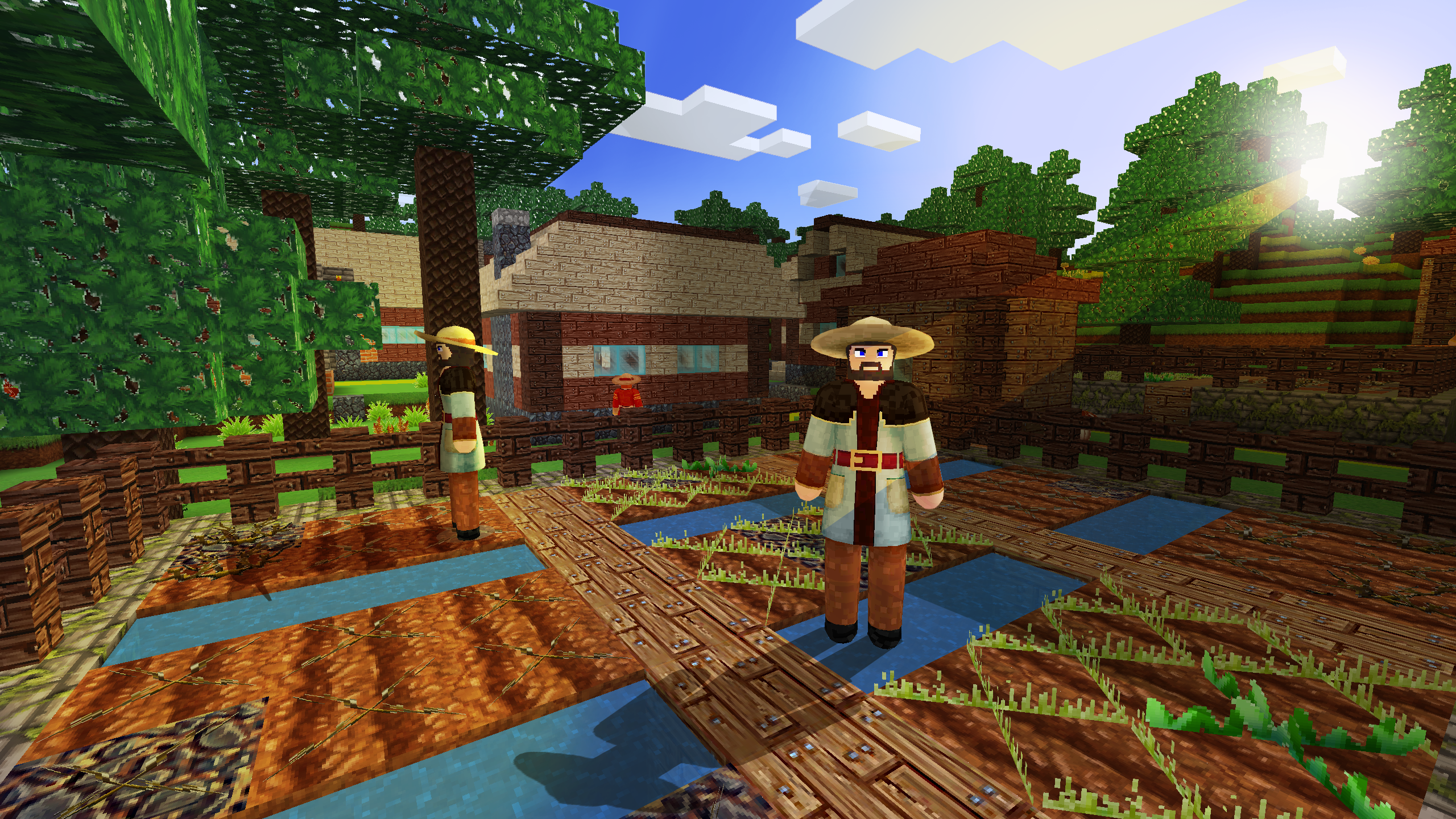 Video game landscape with villagers and crops HD Wallpaper