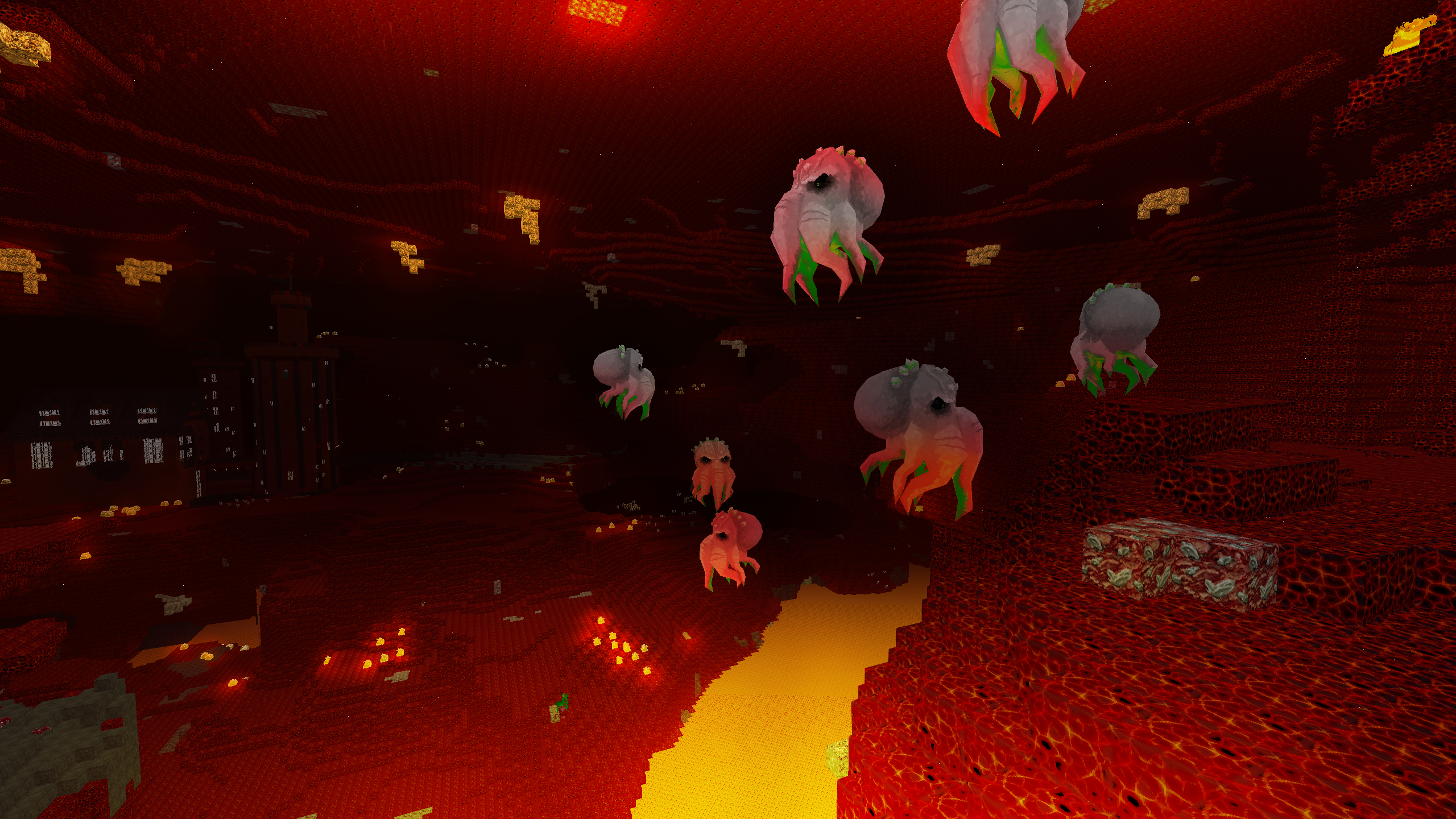 Minecraft Nether landscape with floating creatures HD Wallpaper
