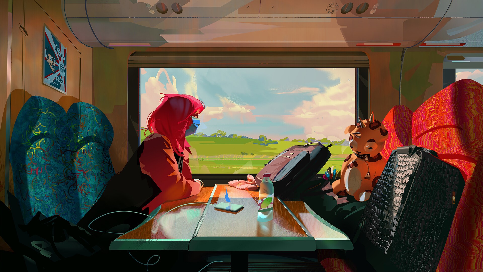 Redhead traveler with mask and plush toy on a train HD Wallpaper