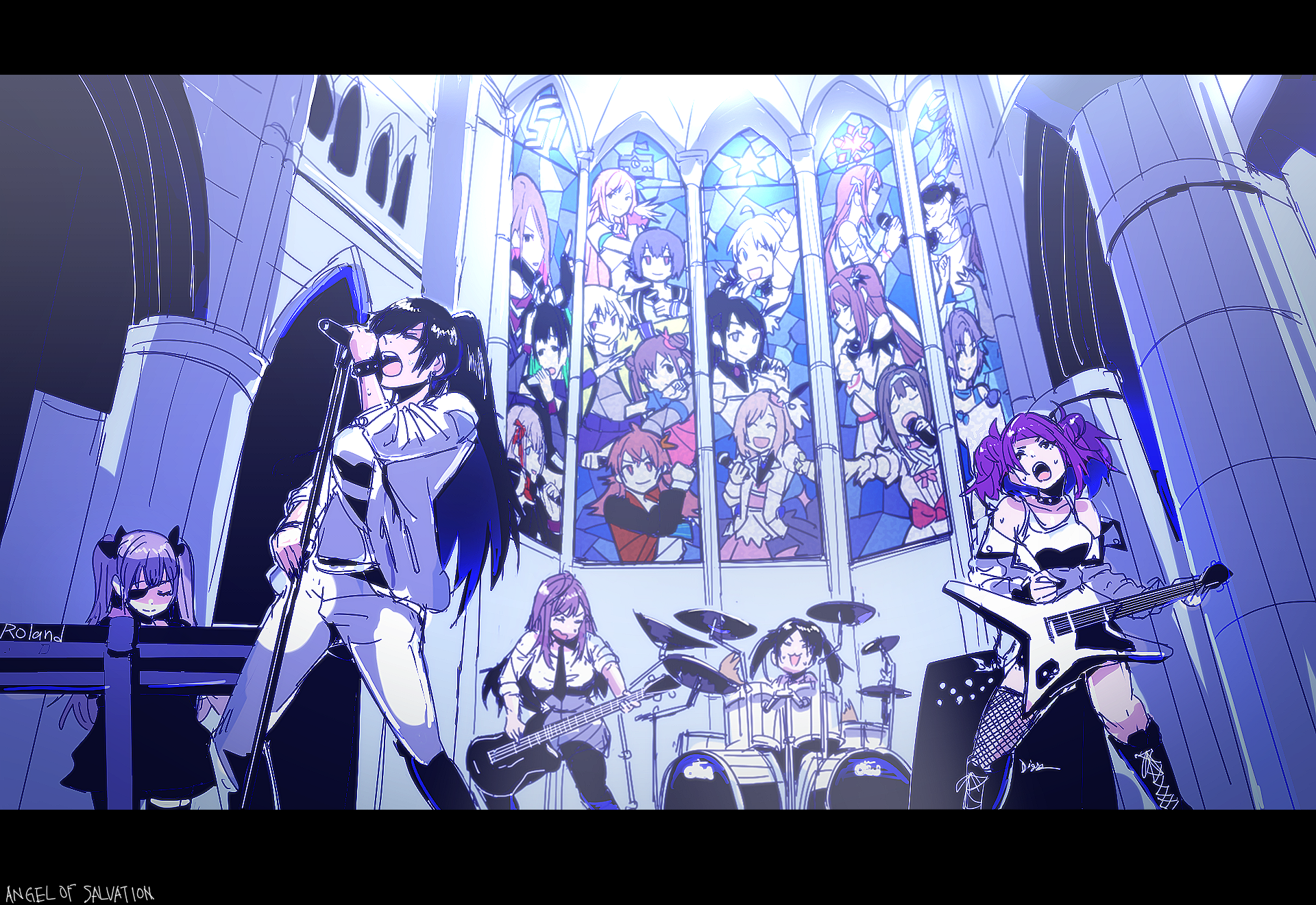 Anime girls performing in a church with stained glass windows HD Wallpaper