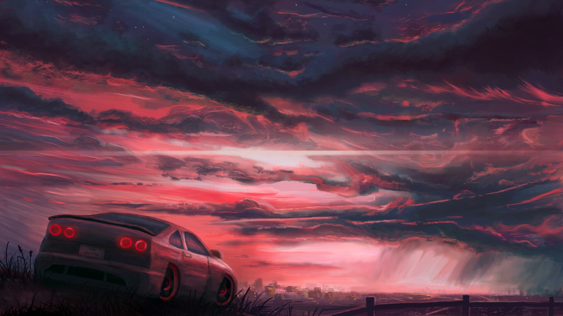 Car parked on grass with city and sunset clouds HD Wallpaper