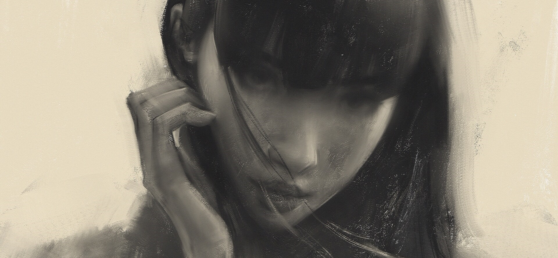 Sketch of a woman with bangs looking down HD Wallpaper
