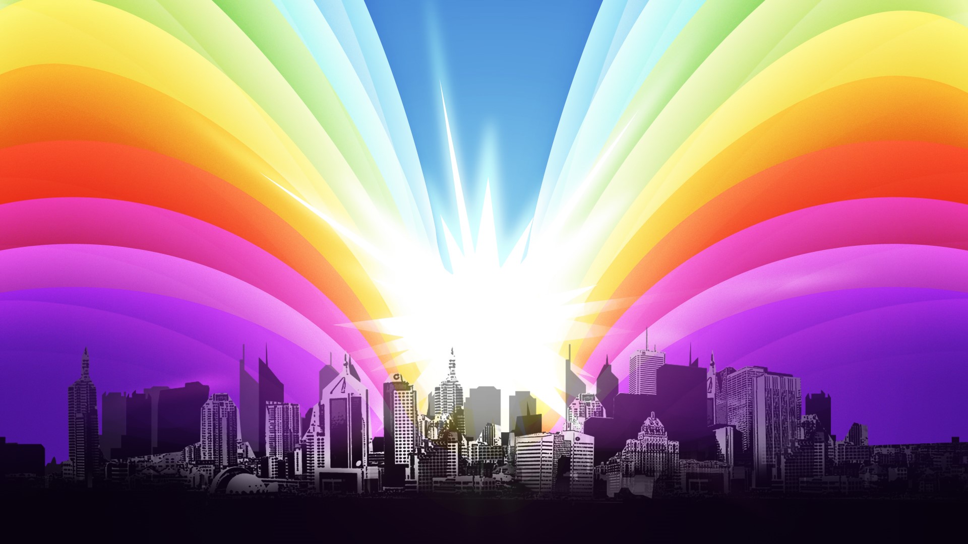 Rainbow light over a city skyline HD Wallpaper
