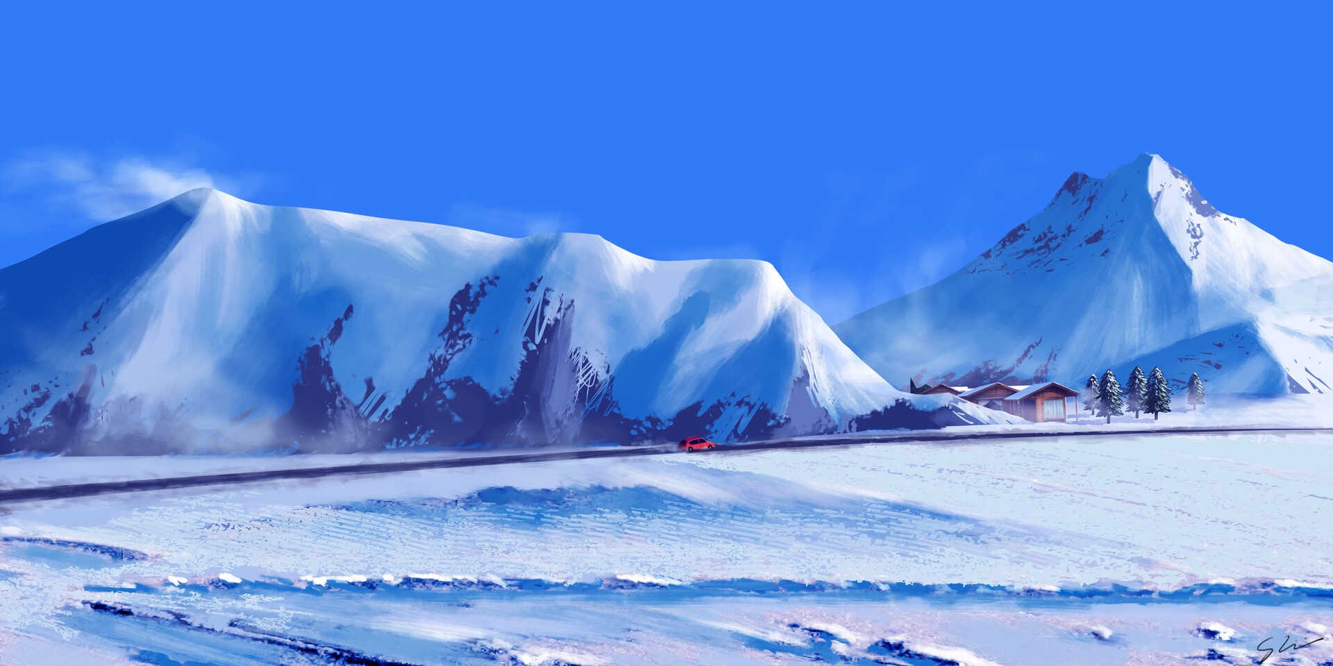 Digital art of snow-covered mountains with a road and a car HD Wallpaper