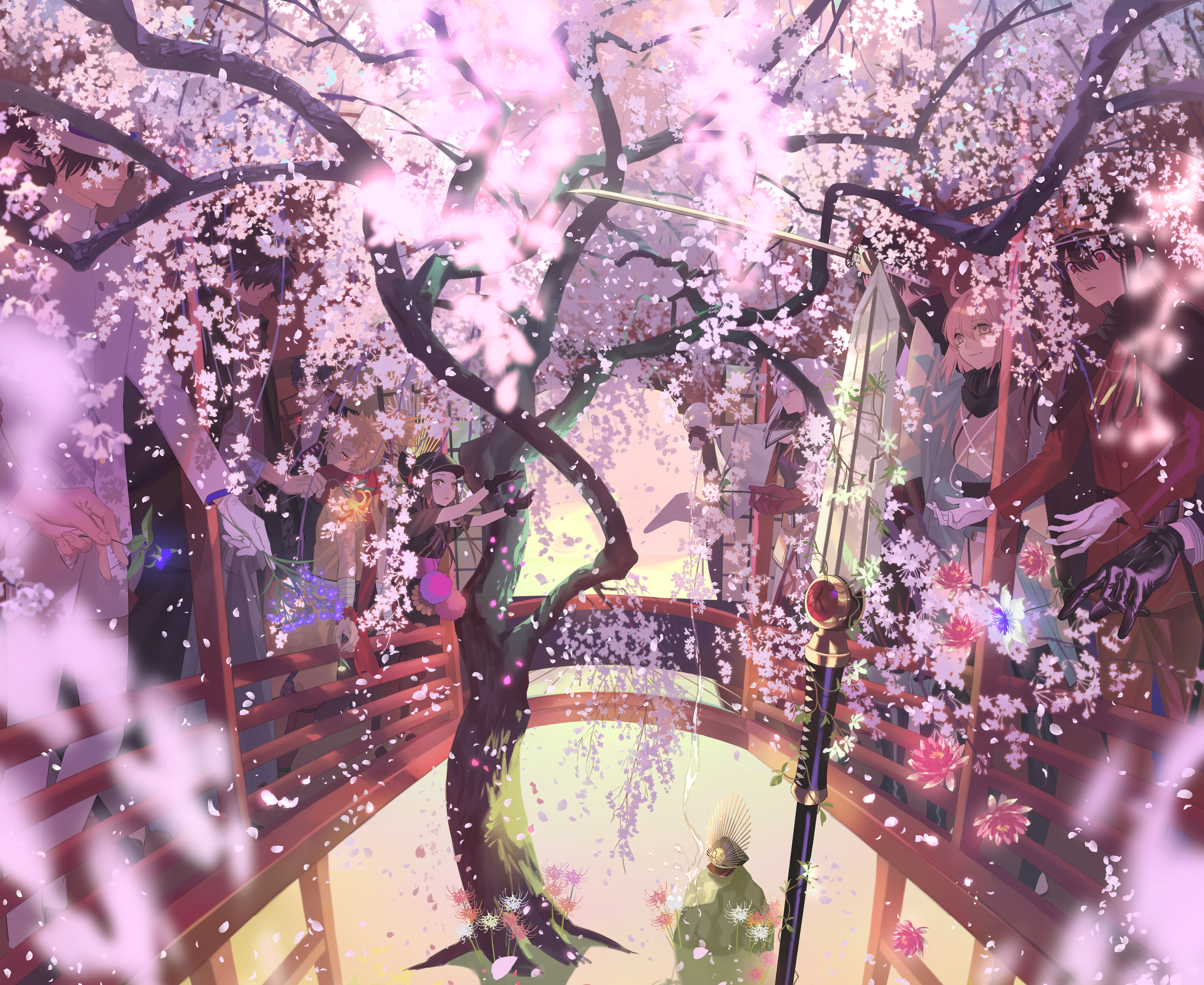 Anime characters under cherry blossoms HD Wallpaper