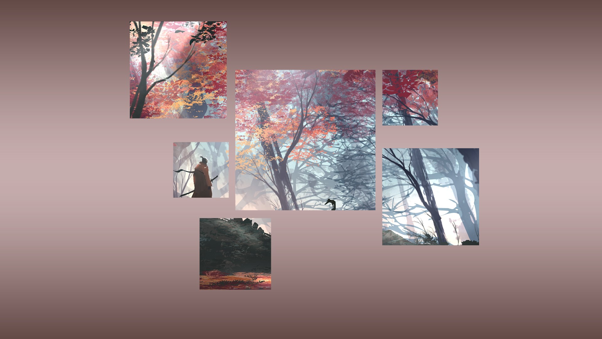 Collage of samurai in a forest HD Wallpaper