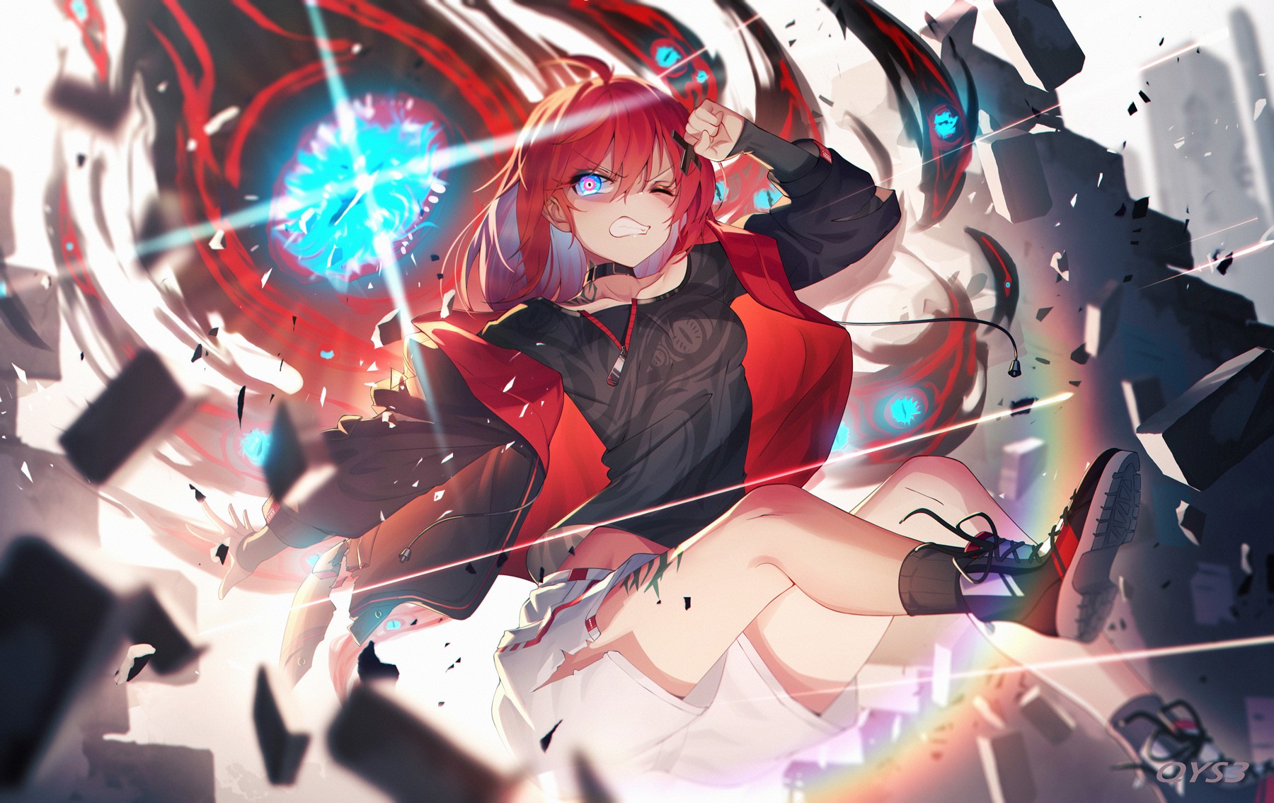 Anime girl with red hair and blue eyes HD Wallpaper