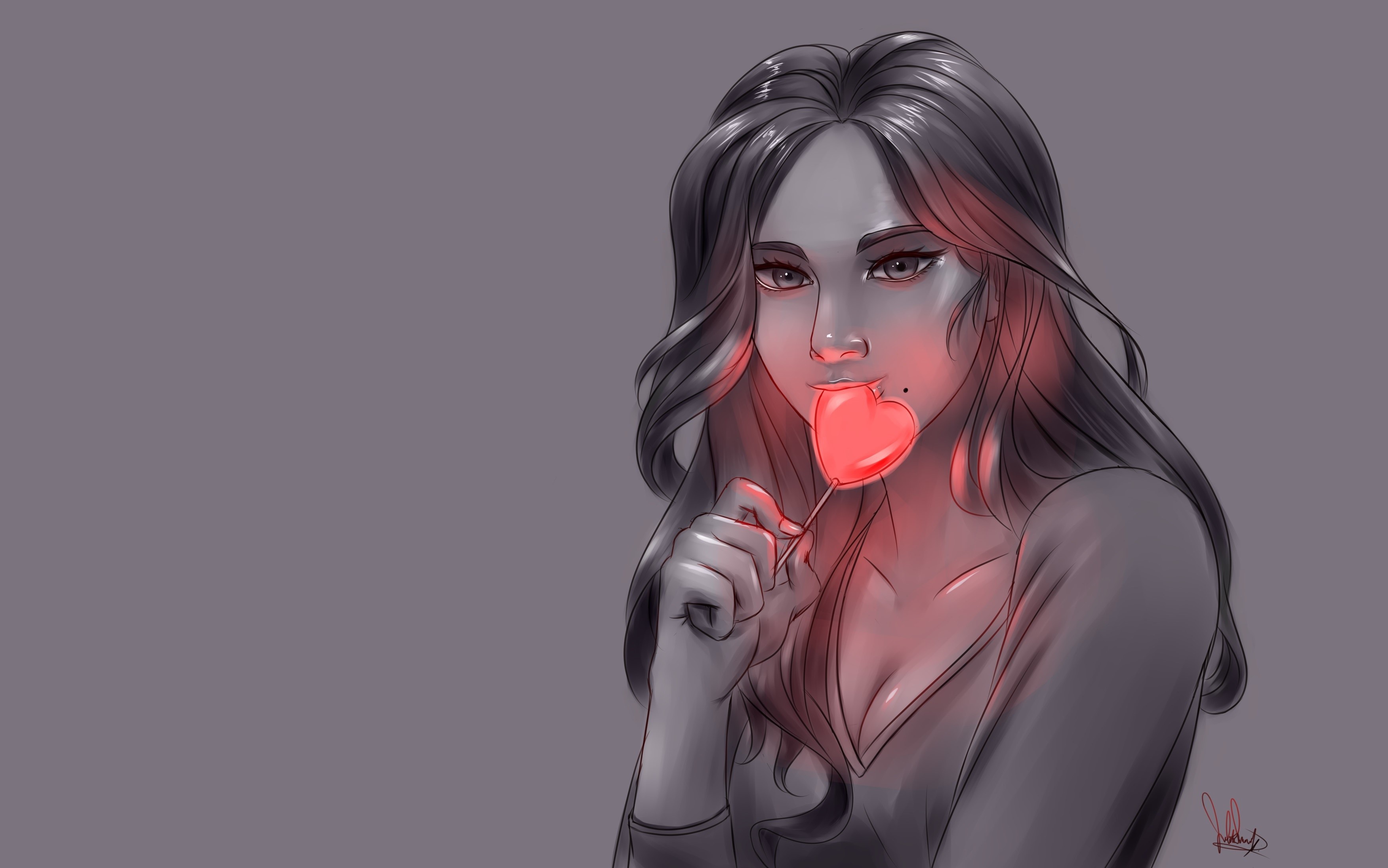 Artwork of a woman with a heart-shaped lollipop HD Wallpaper
