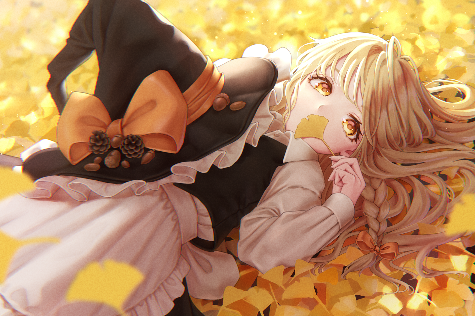 Kirisame Marisa from Touhou lying in autumn leaves HD Wallpaper