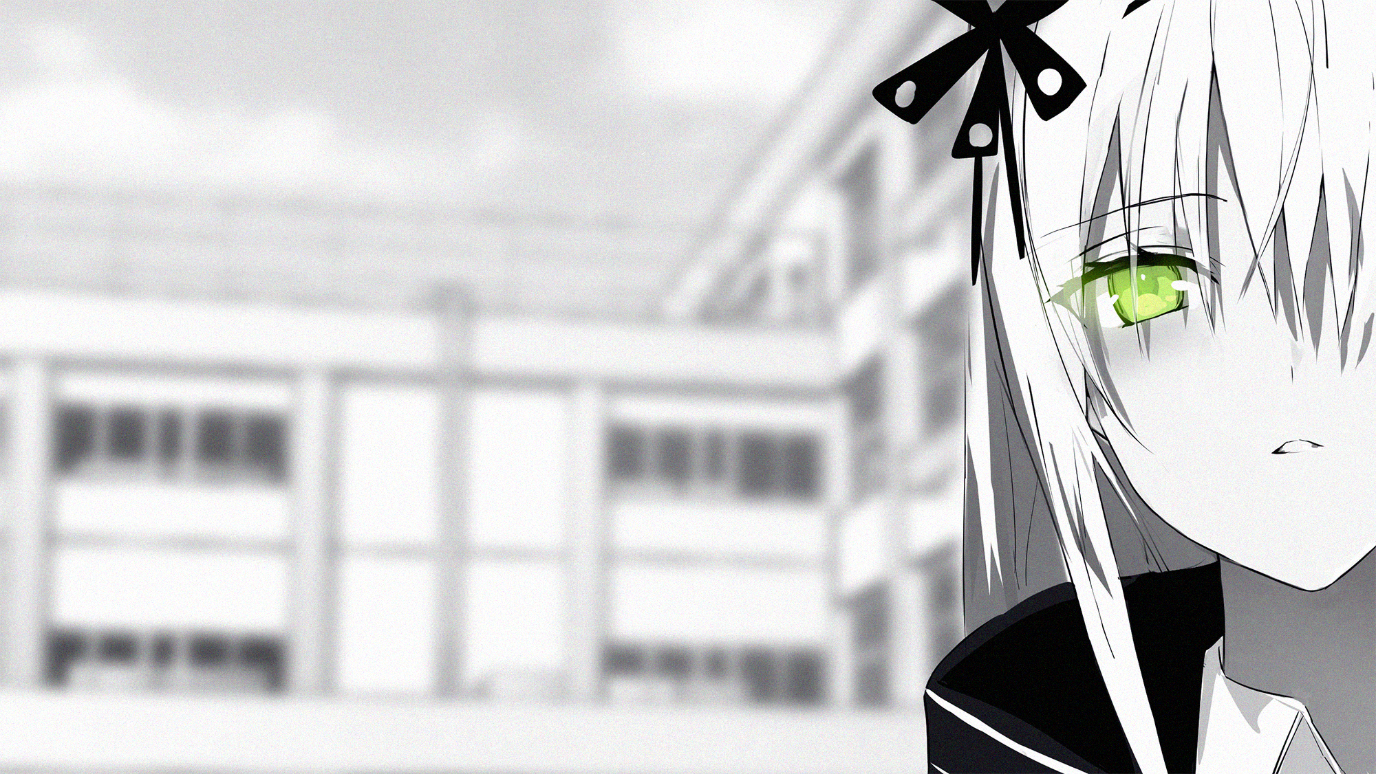 Anime girl with green eyes in monochrome HD Wallpaper