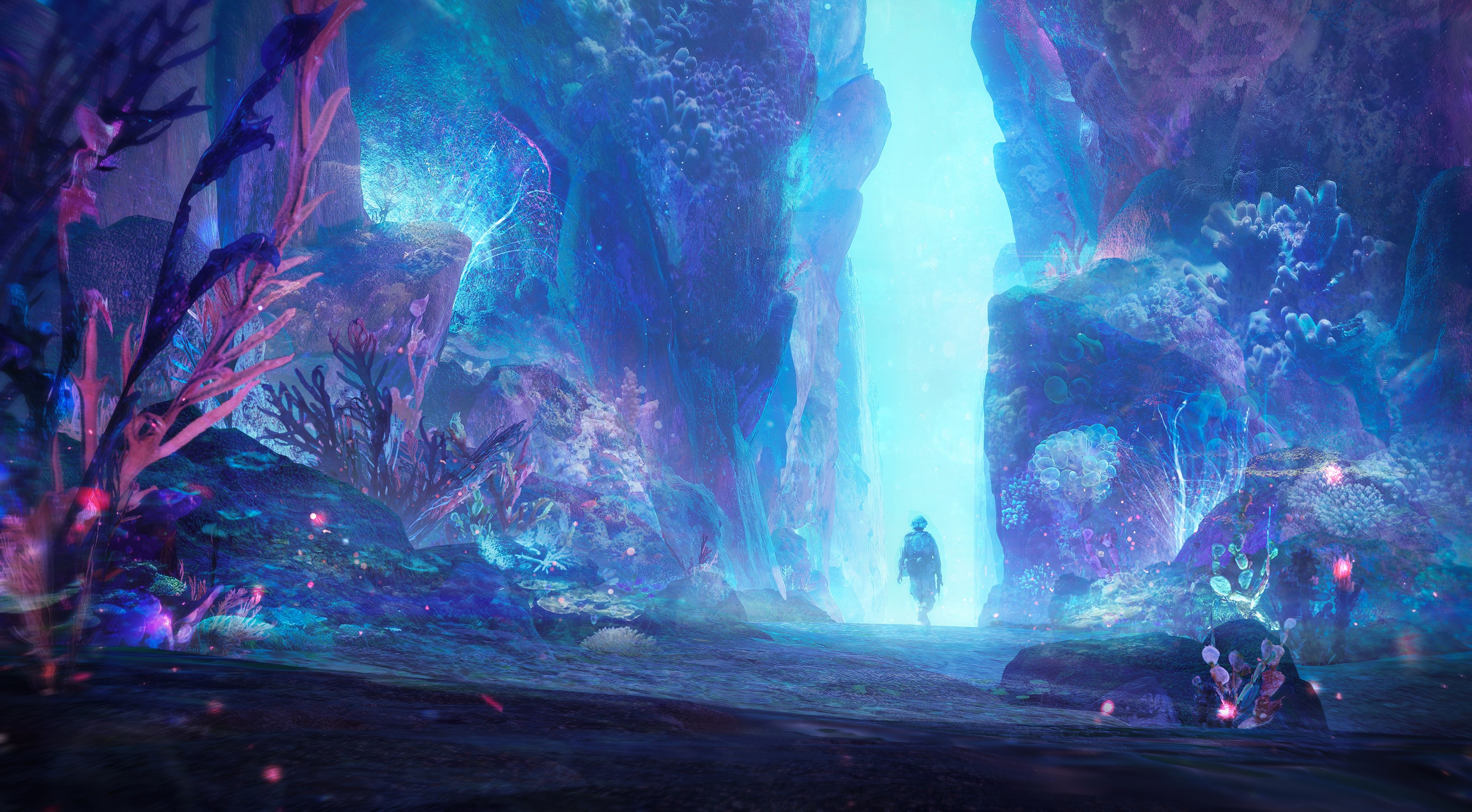 Soldier walking through a glowing alien cave HD Wallpaper