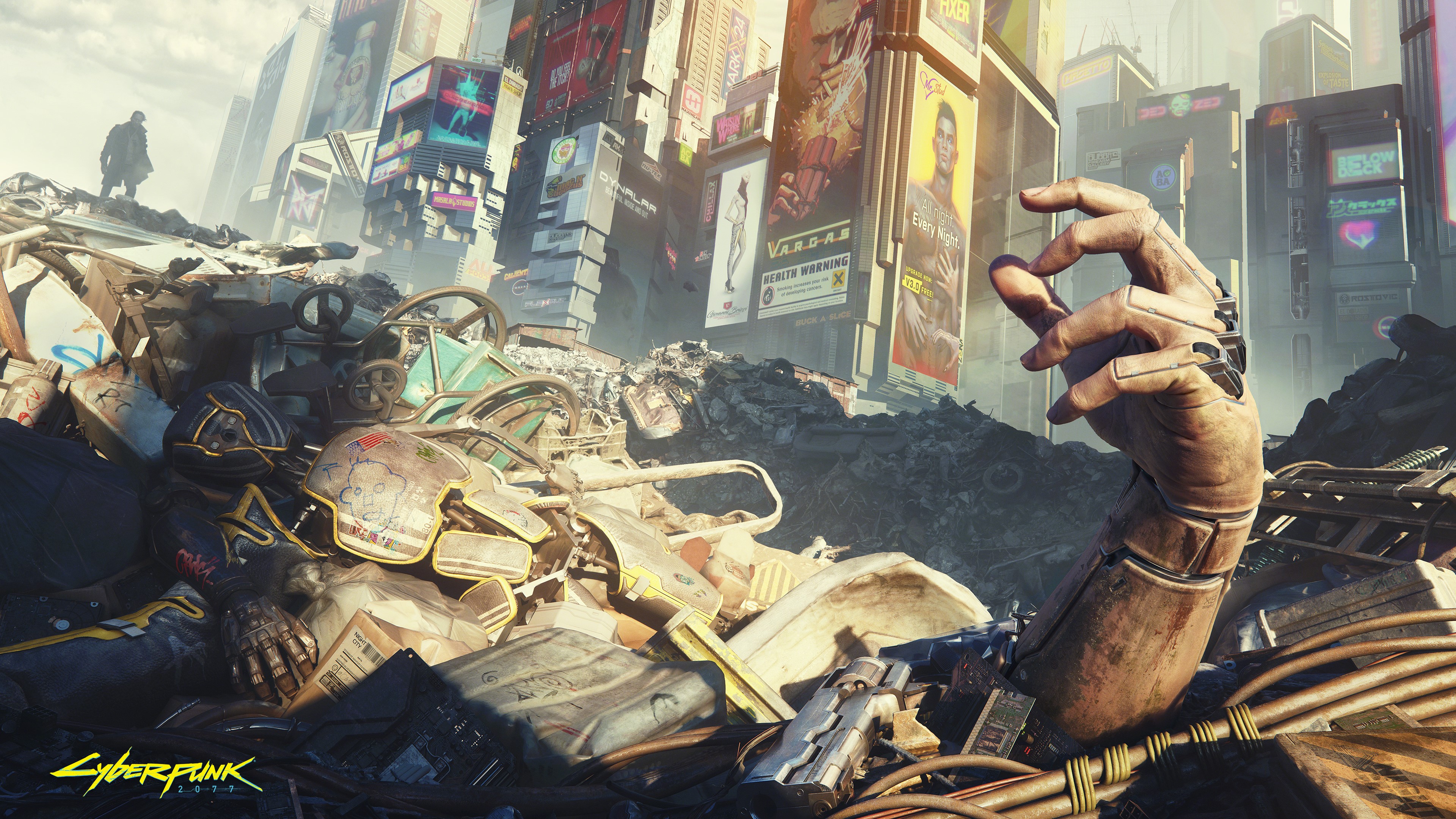 Cyberpunk 2077: Arm emerging from trash with city in background HD Wallpaper