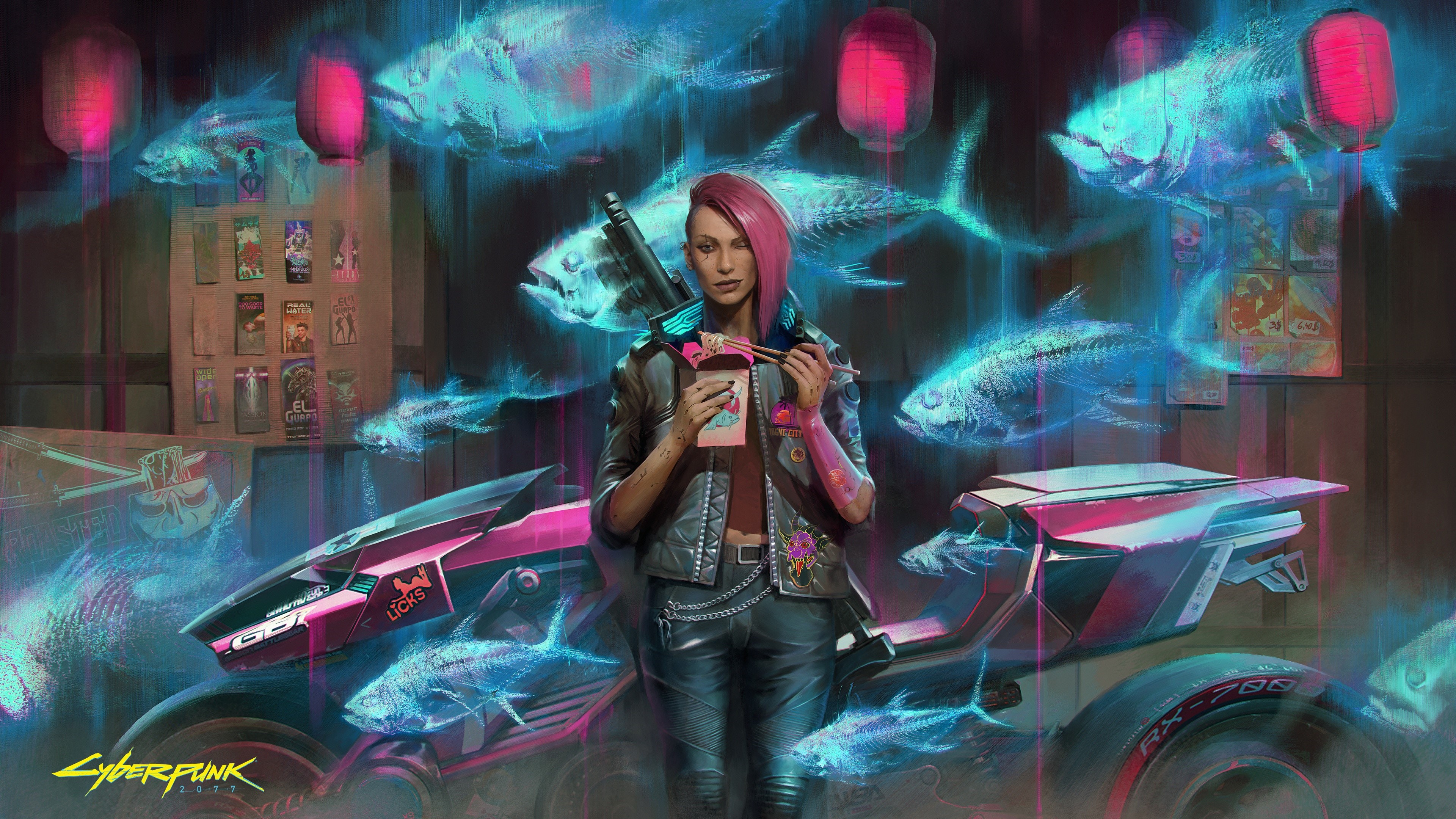 Cyberpunk 2077: Woman with pink hair and motorcycle HD Wallpaper