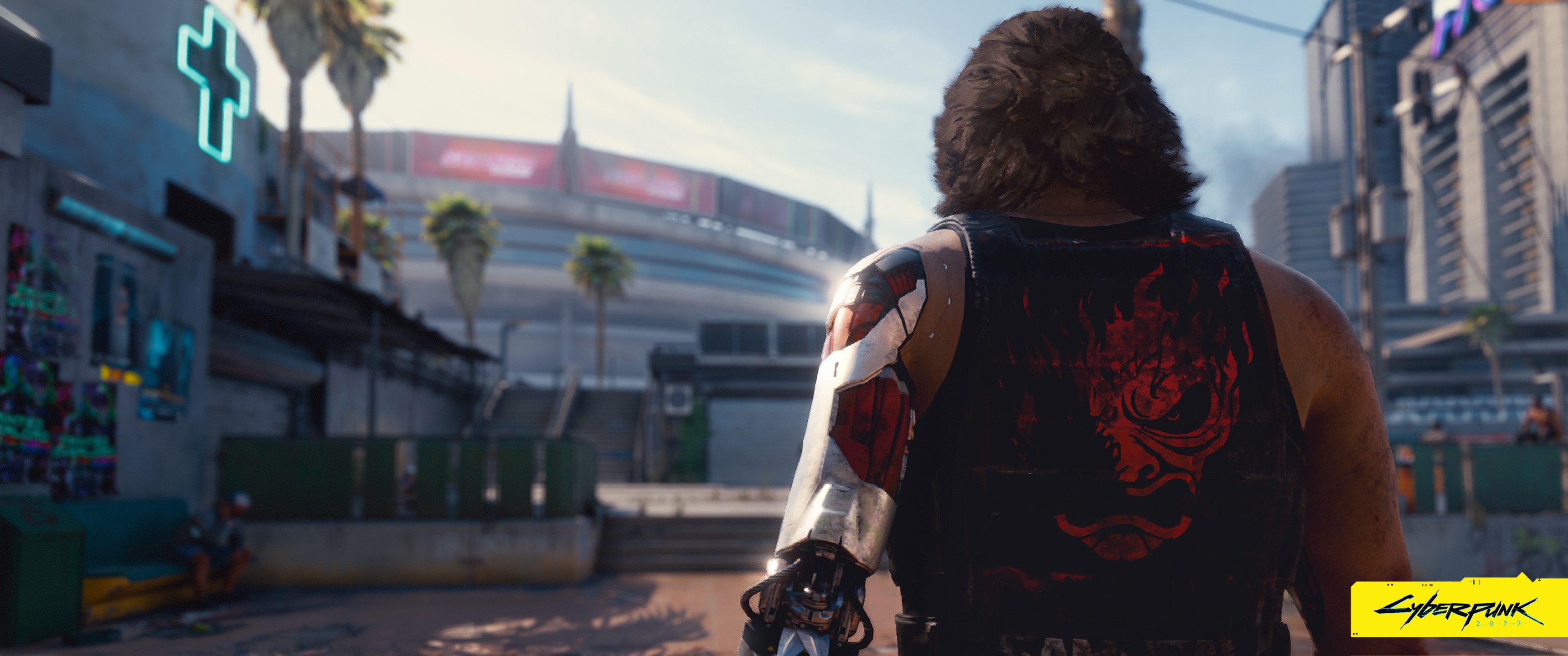 V from Cyberpunk 2077 with a stadium in the background HD Wallpaper