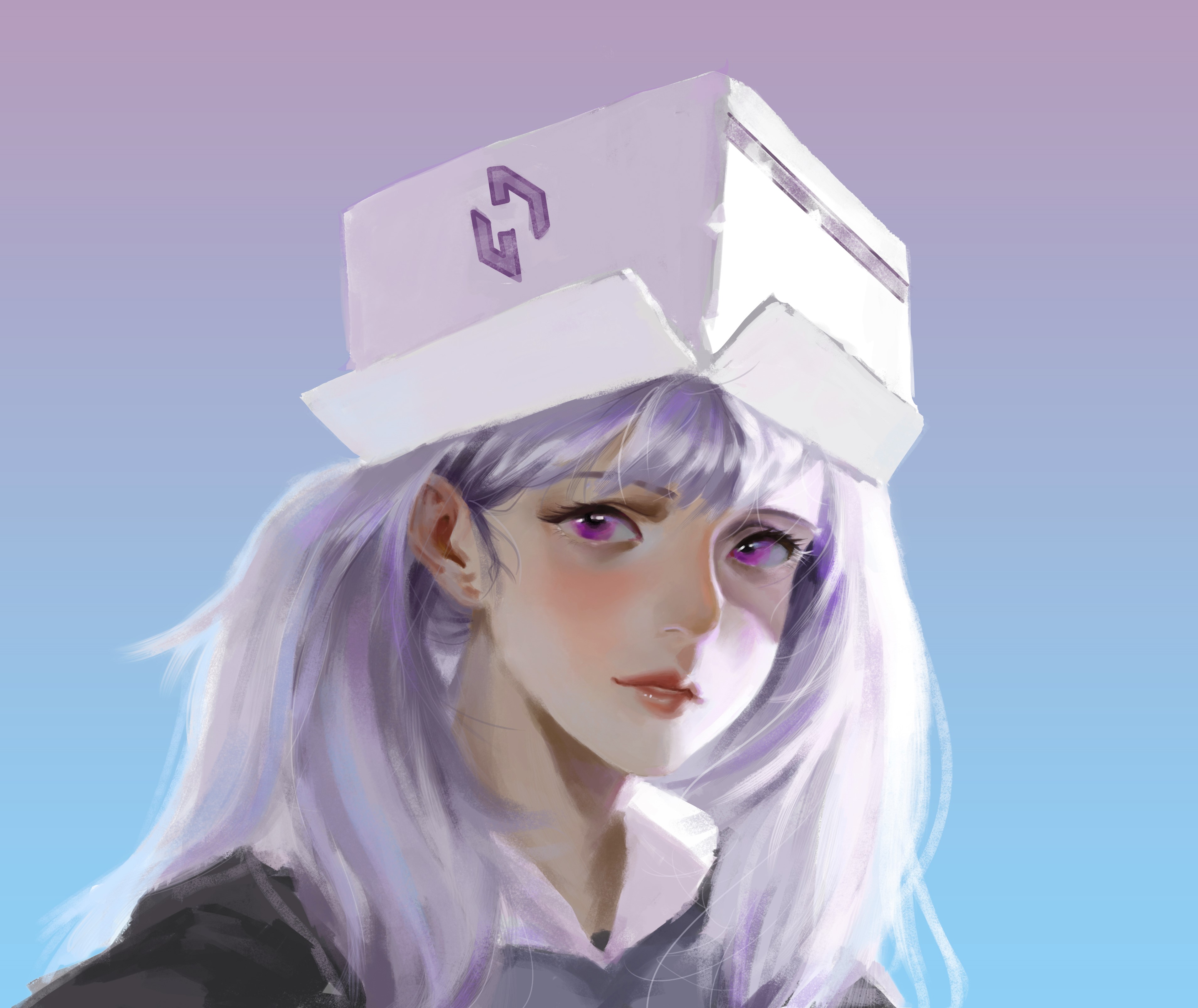Woman with purple hair and purple eyes wearing a hat HD Wallpaper