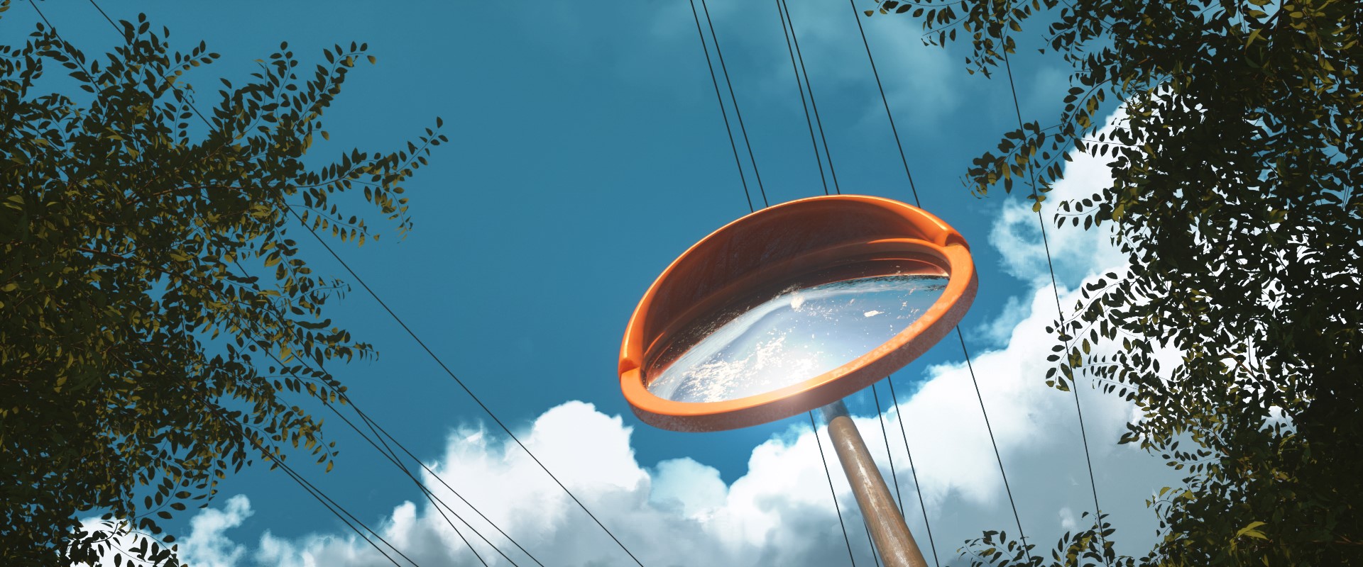 Convex mirror on a pole with trees and sky HD Wallpaper