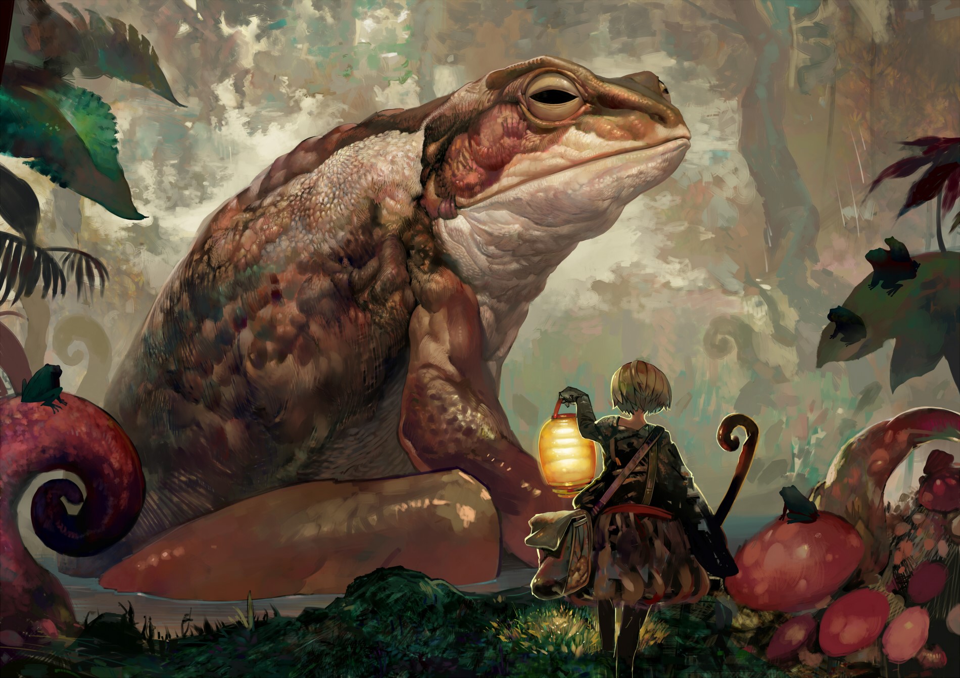 Giant frog and girl with lantern in fantasy forest HD Wallpaper