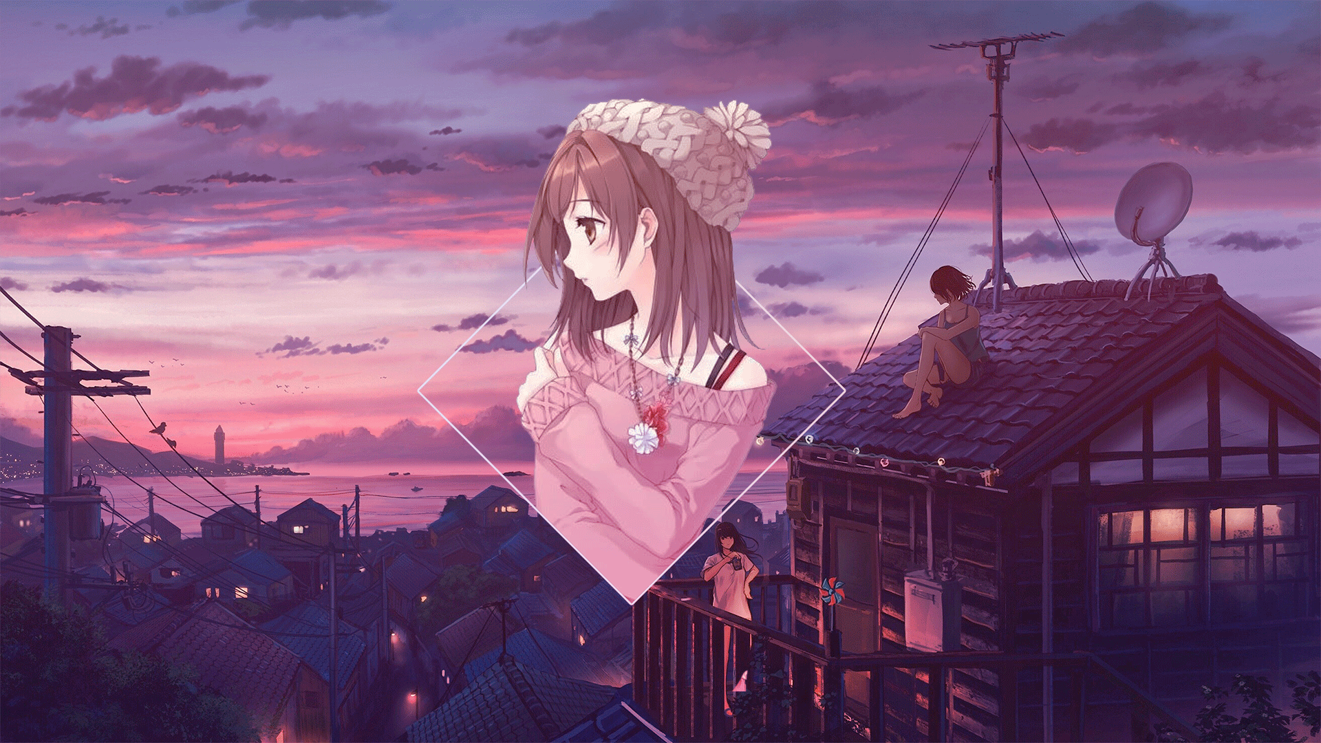 Anime girls in a town at sunset HD Wallpaper