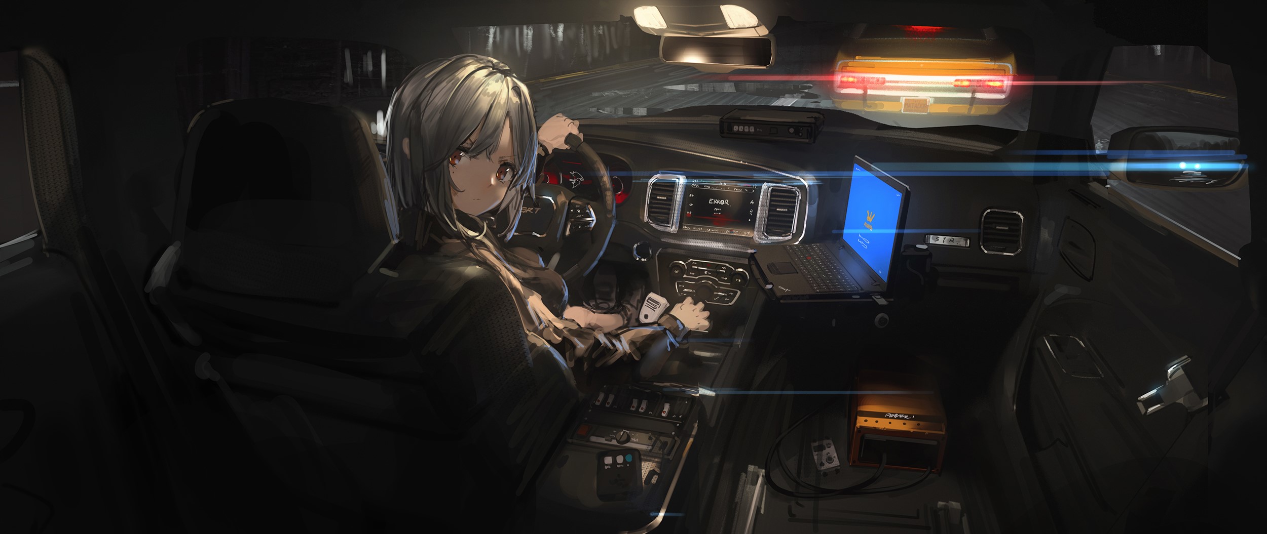 Anime girl with gray hair driving a car with a laptop HD Wallpaper