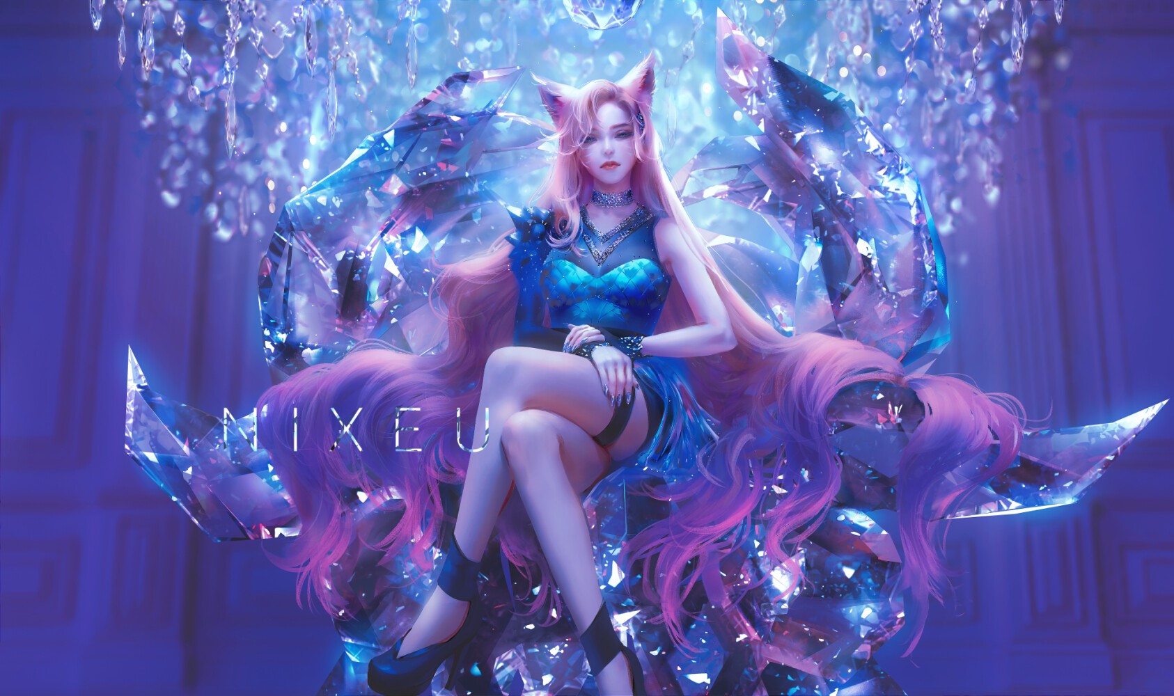 Ahri from League of Legends sitting on a crystal throne HD Wallpaper