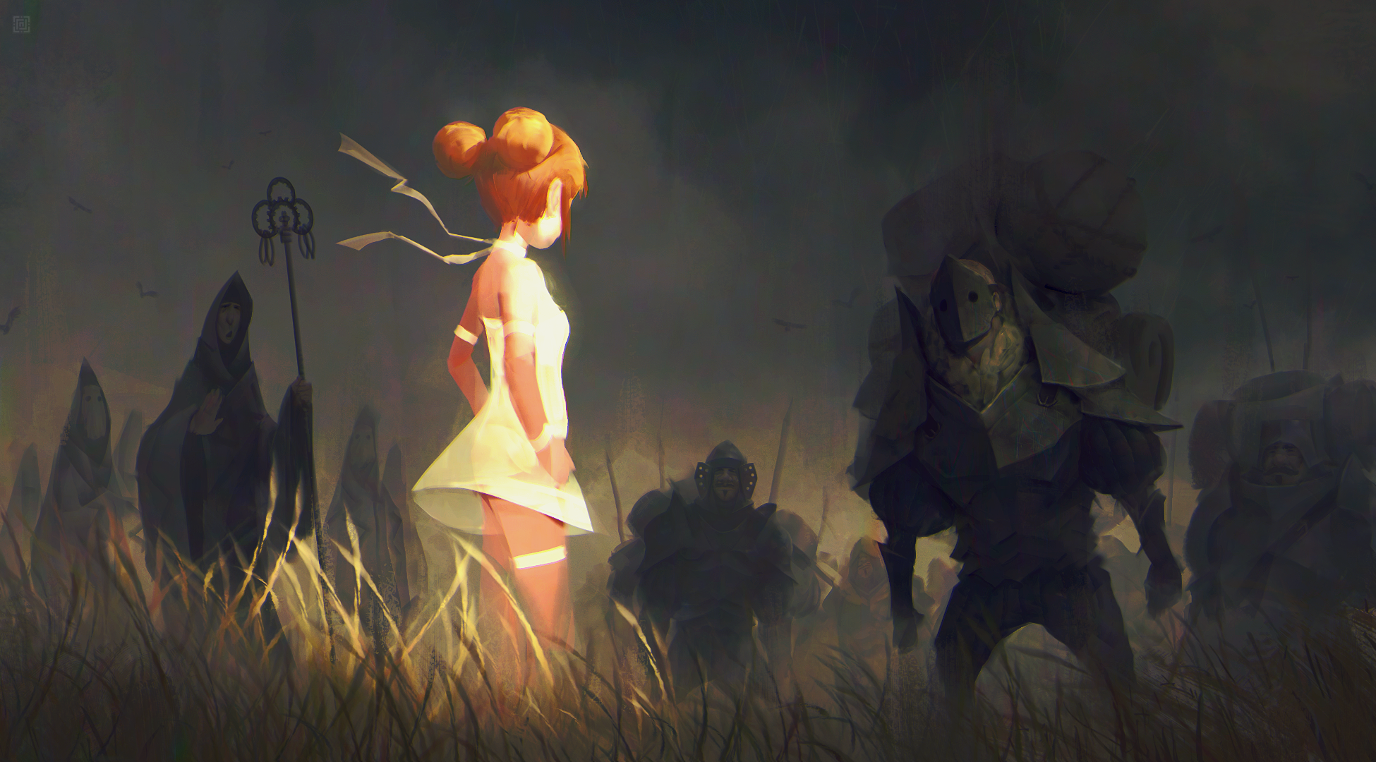 Fantasy art of a girl facing armored figures HD Wallpaper