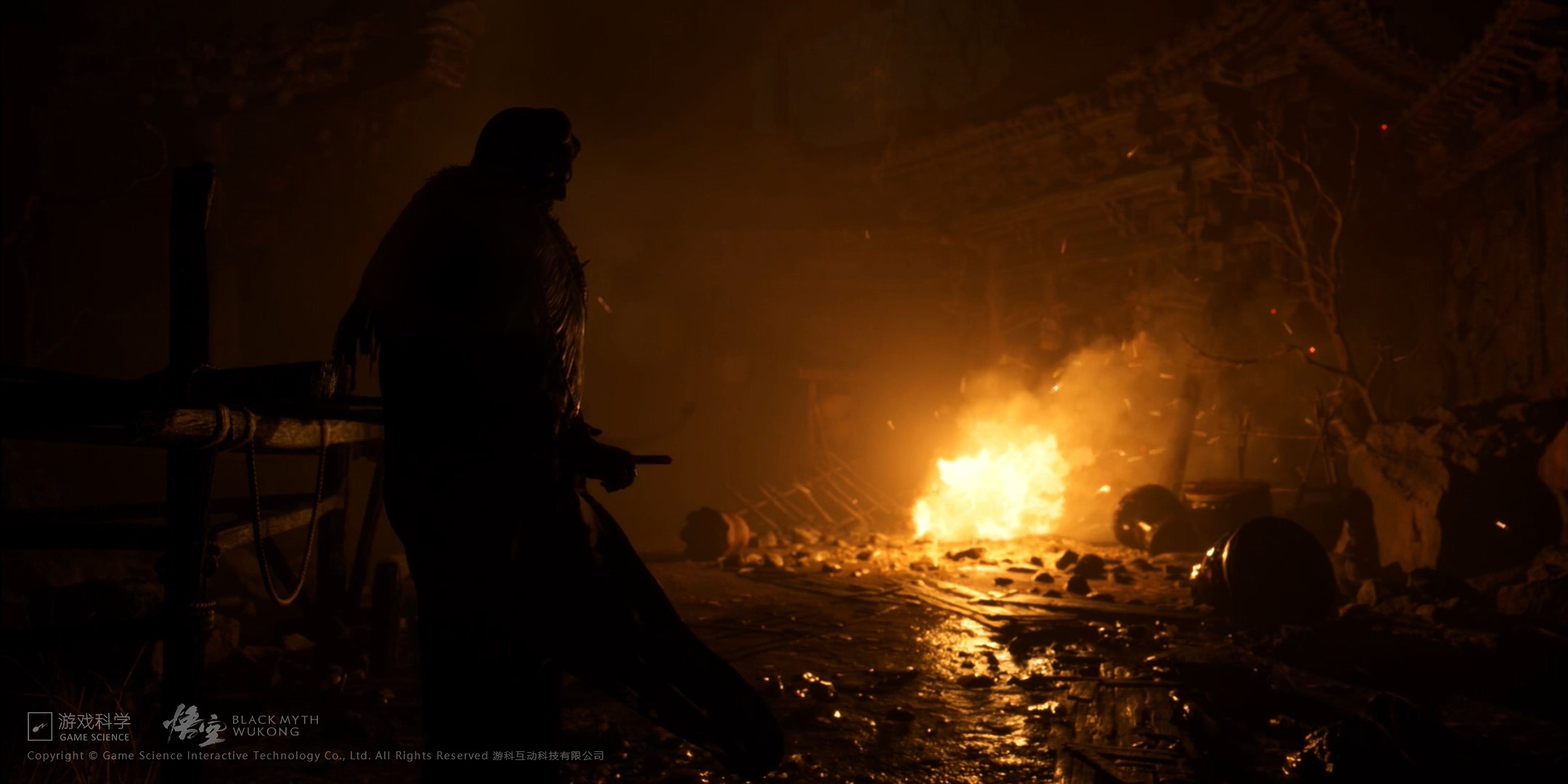 Black Myth: Wukong character in a fiery ruin HD Wallpaper