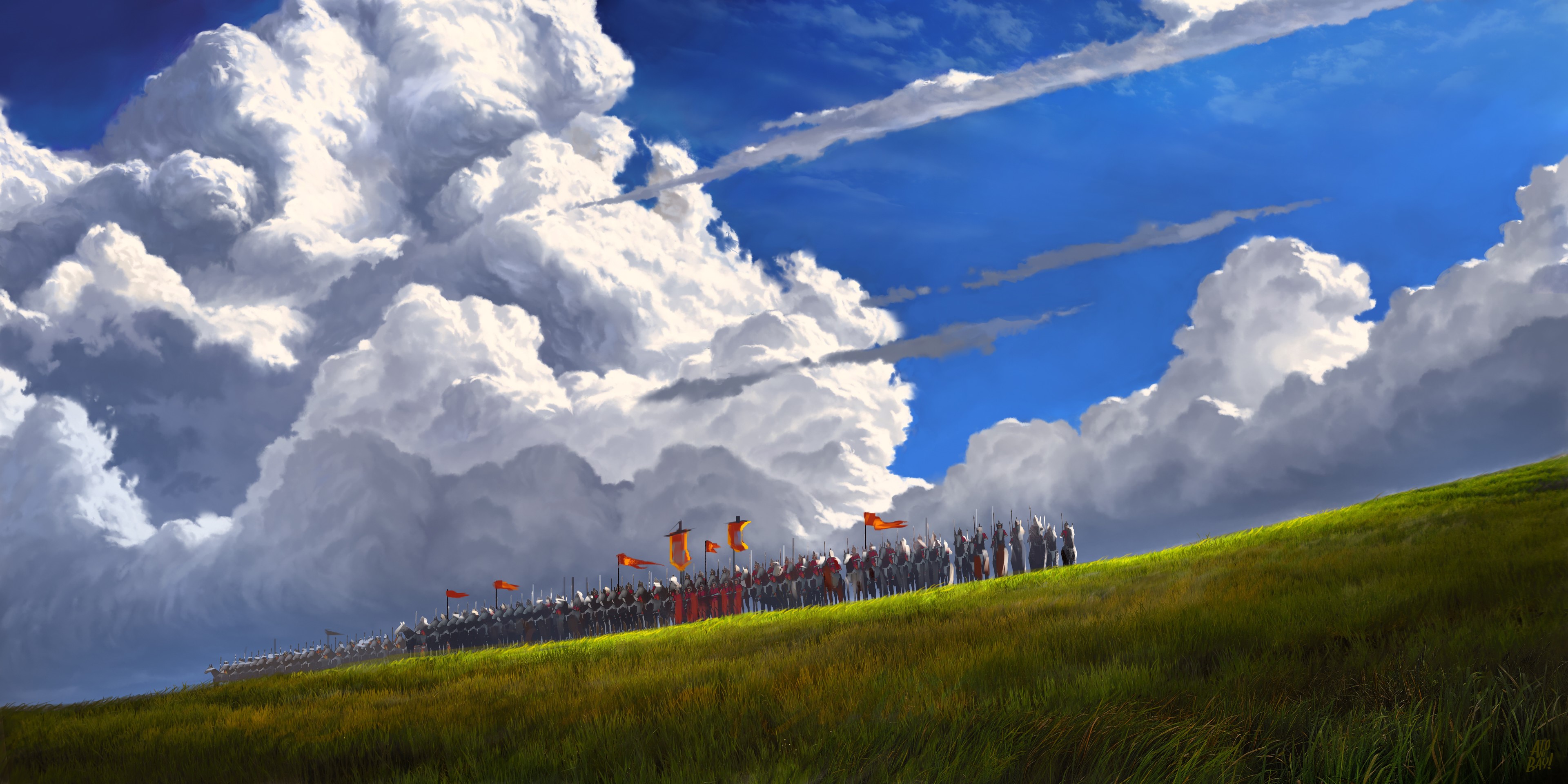 Fantasy army marching on a grassy hill under dramatic clouds HD Wallpaper