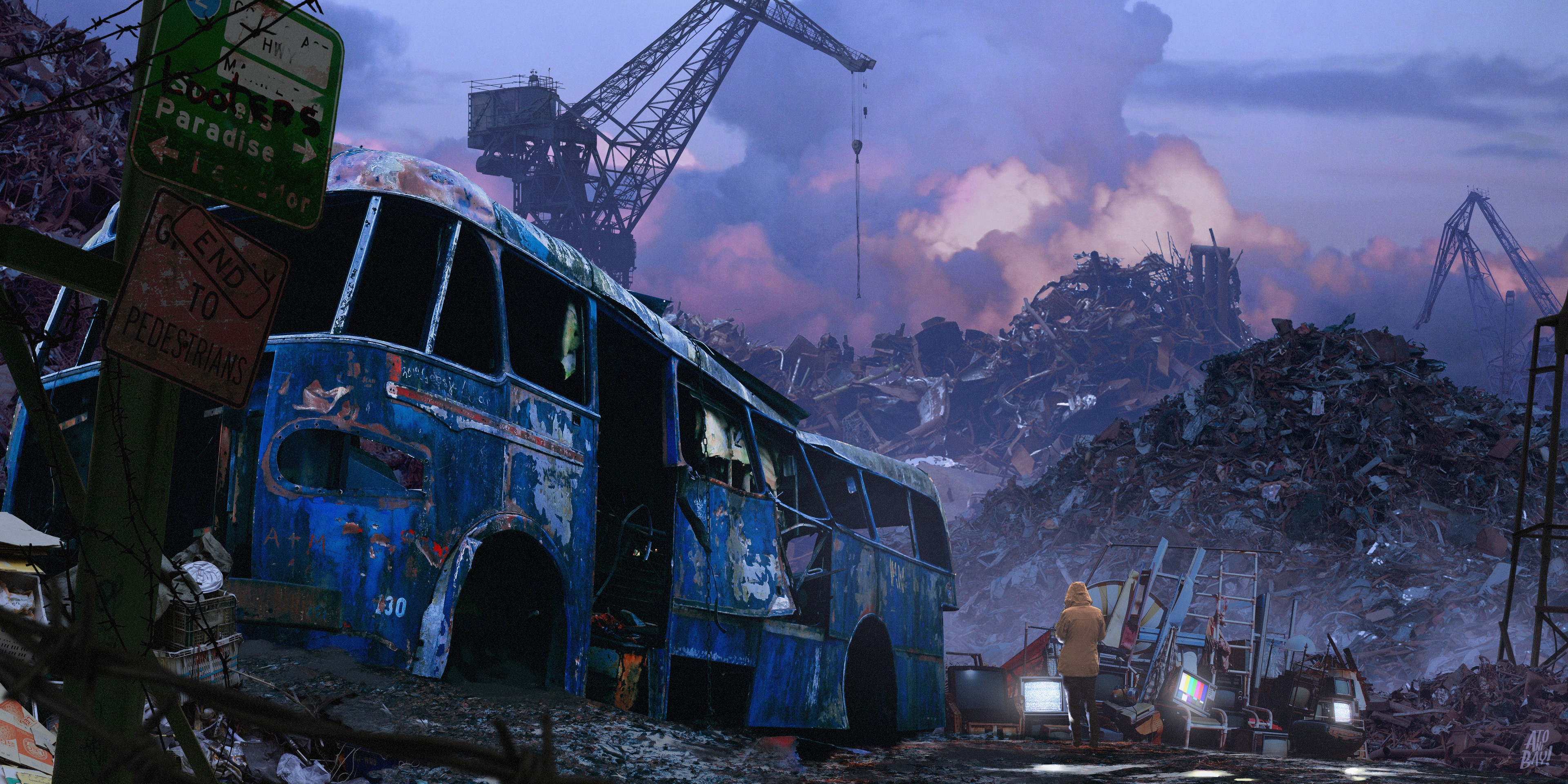 Digital art of a junkyard with a blue bus HD Wallpaper