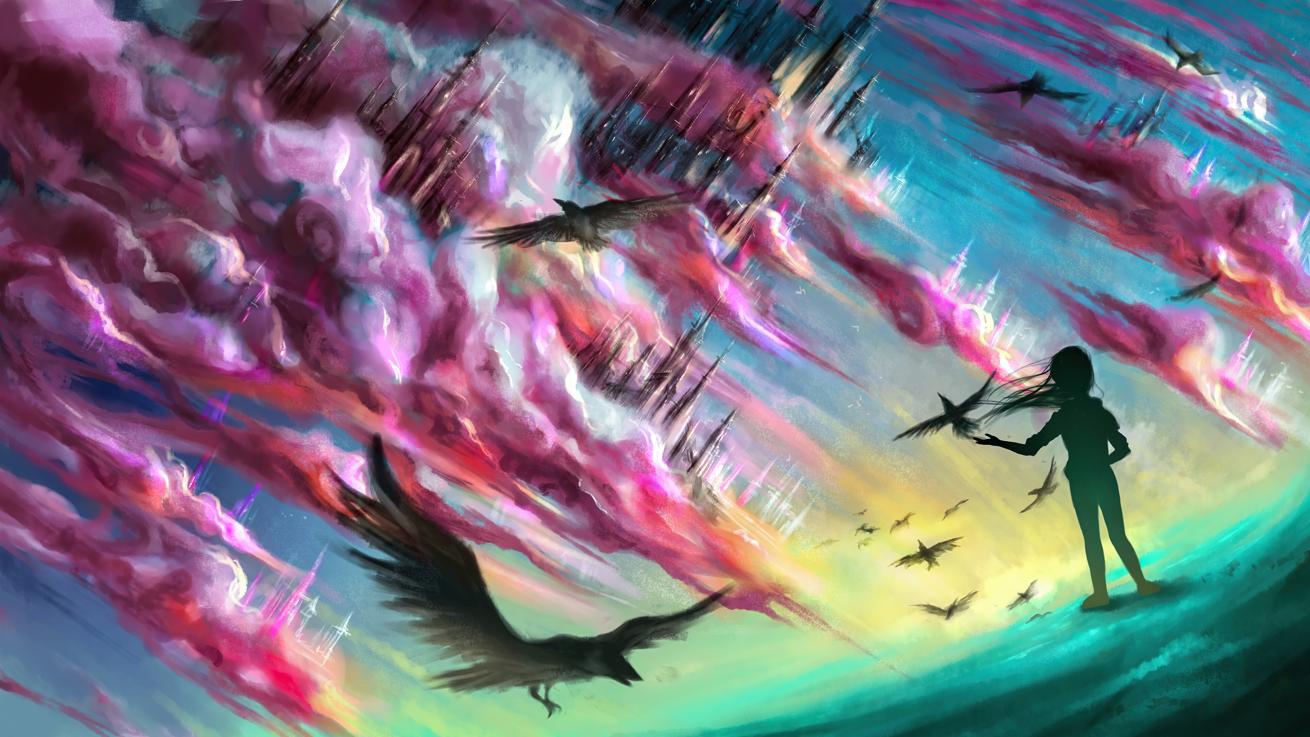 Girl Releasing Birds Above Colorful Clouds HD Wallpaper