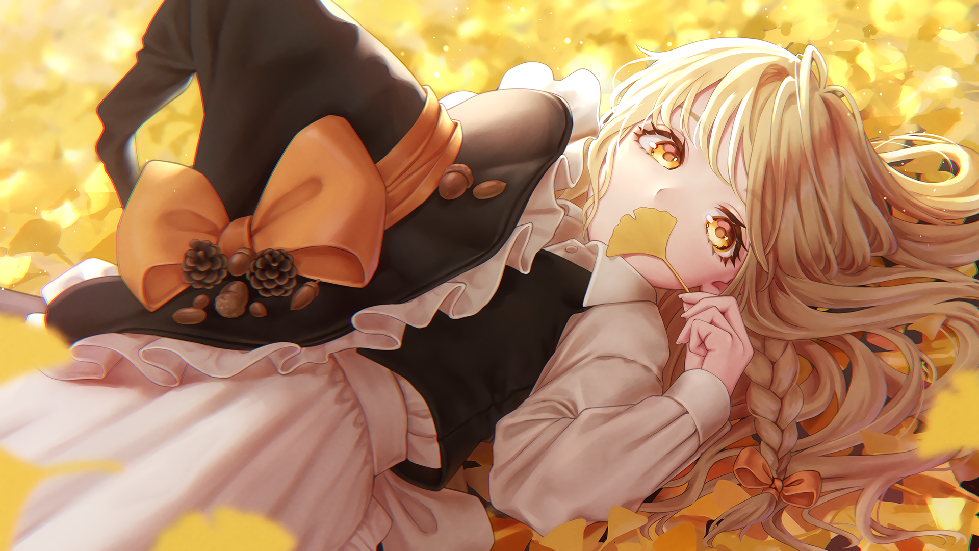 Kirisame Marisa from Touhou lying in autumn leaves HD Wallpaper