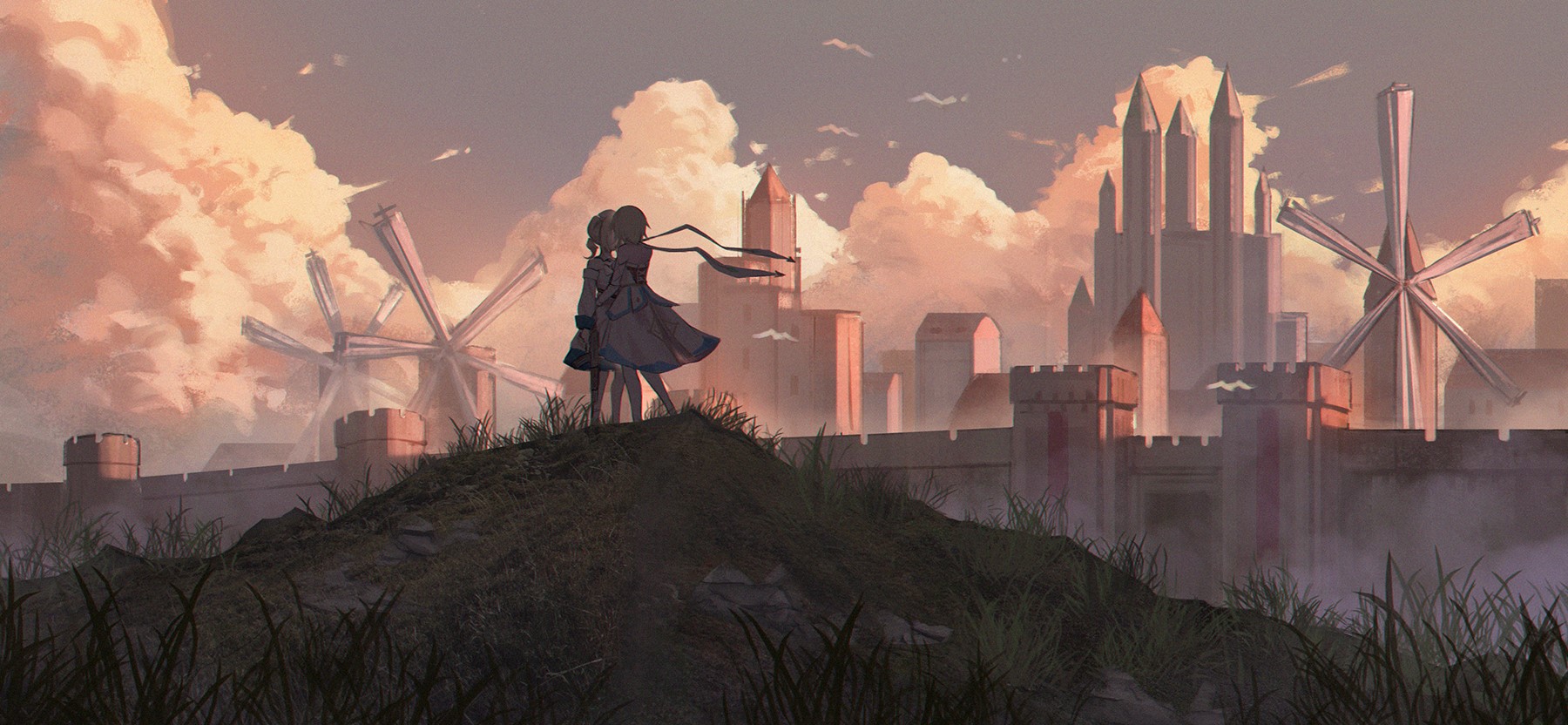 Two anime girls overlooking a fantasy city with windmills HD Wallpaper