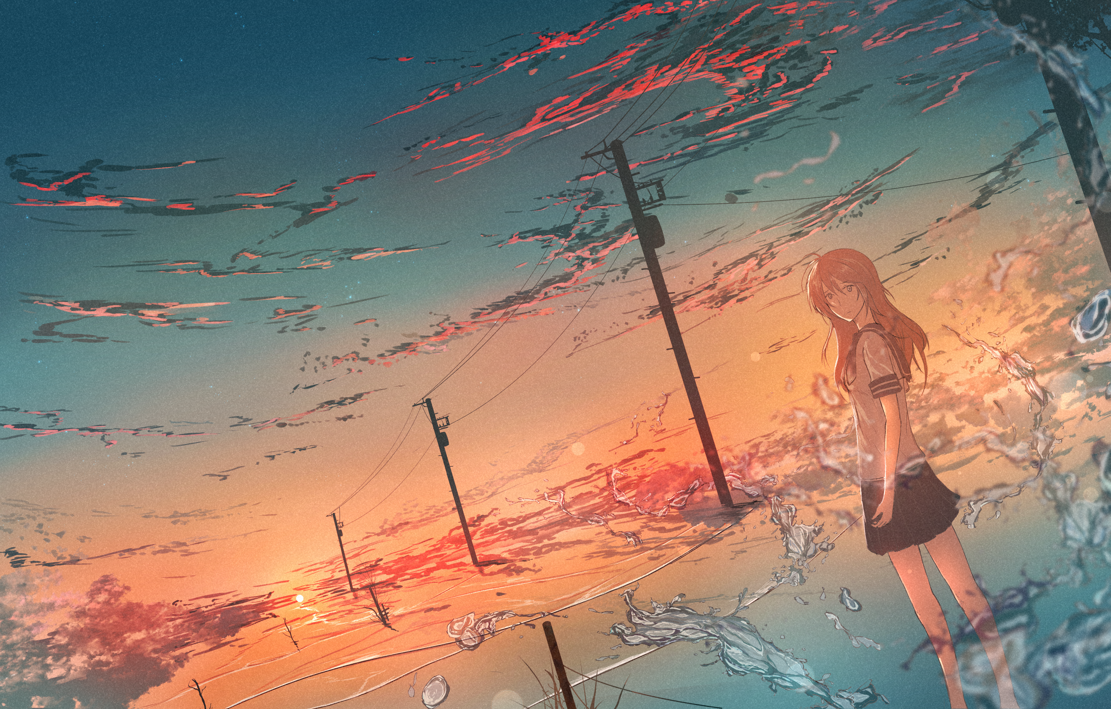 Girl in School Uniform Under Sunset Sky with Power Lines HD Wallpaper