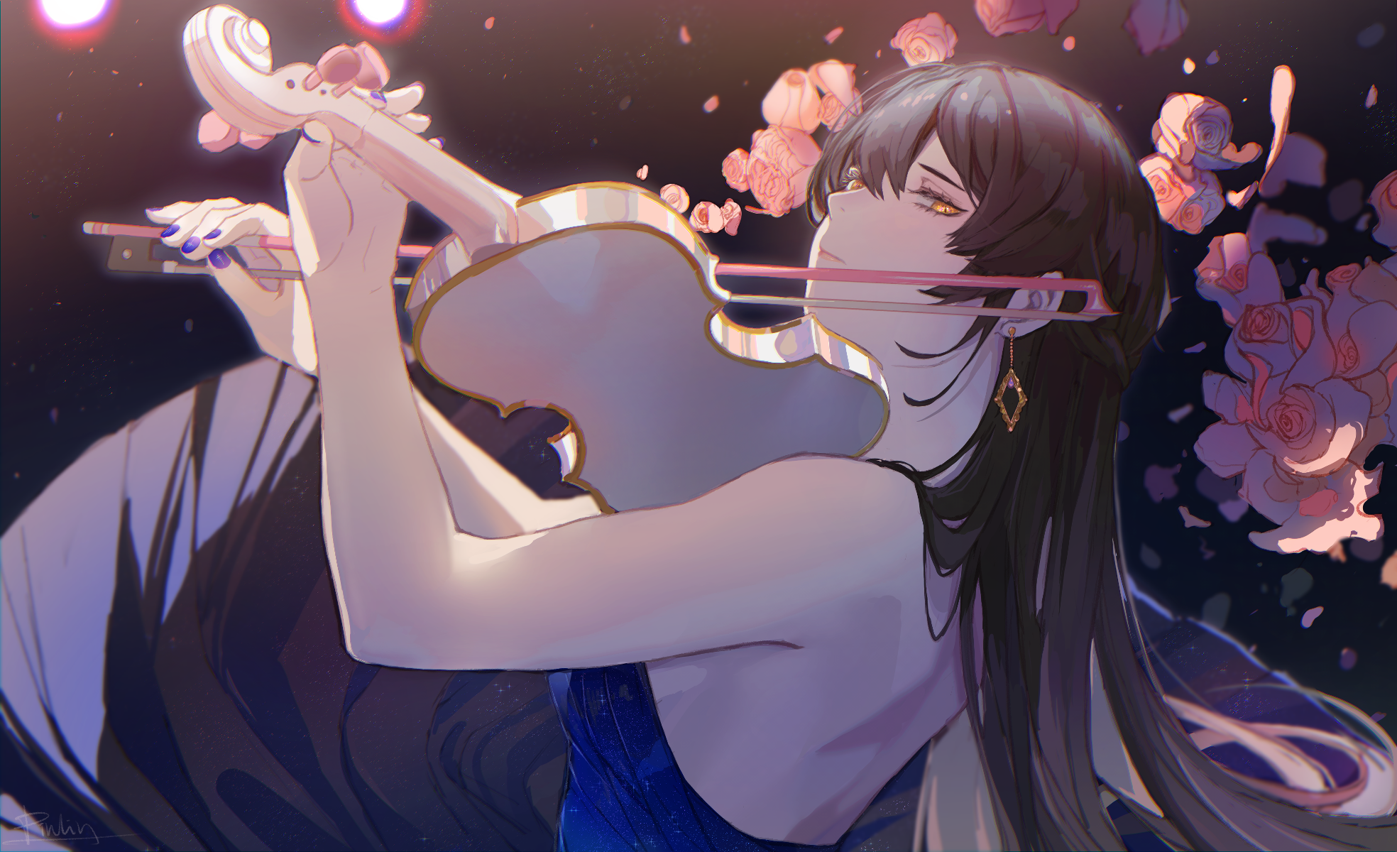Woman playing violin with roses HD Wallpaper