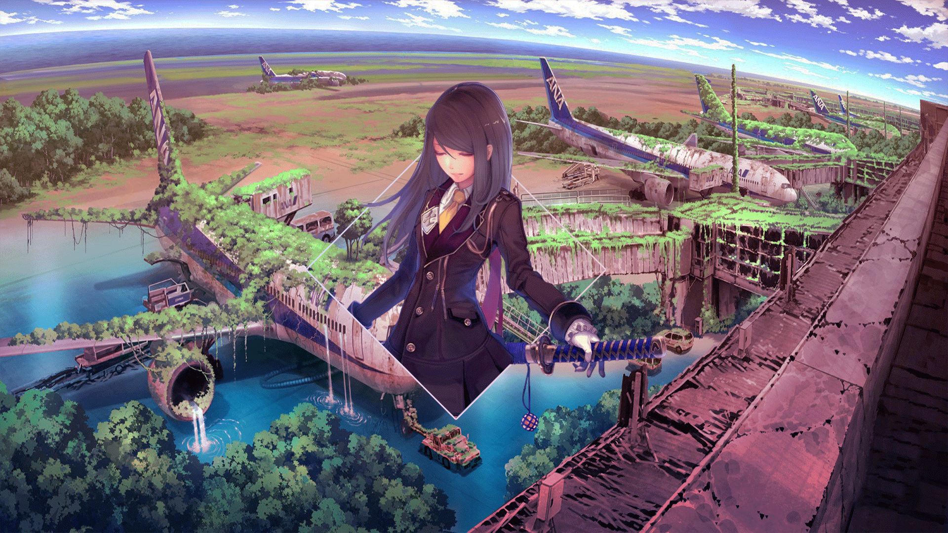 Anime girl with katana in abandoned airport with airplanes HD Wallpaper