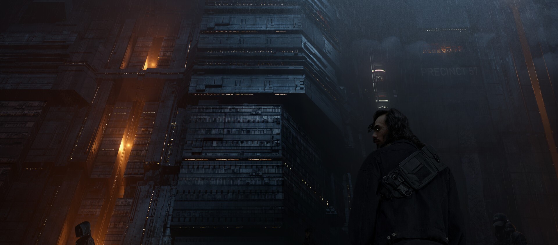 Man in a cyberpunk city with tall buildings HD Wallpaper